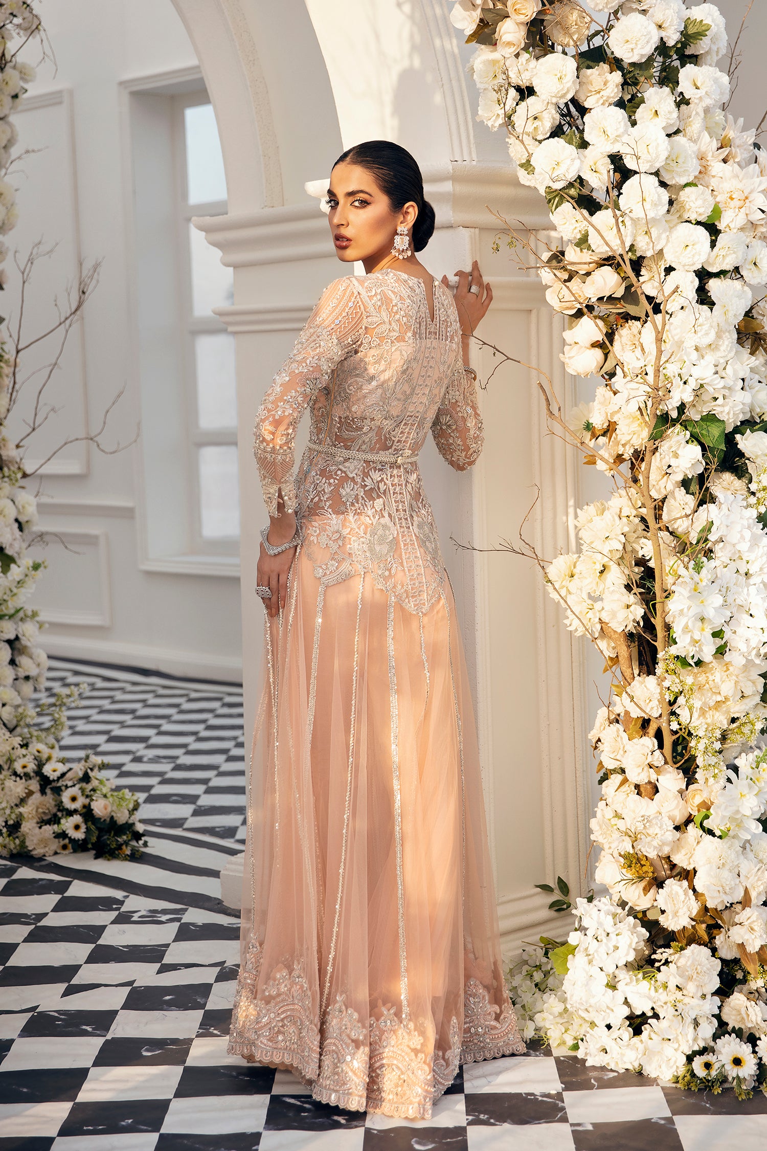 Pakistani Peach Silver Embroidered Net Gown (3-Piece) - Image 5