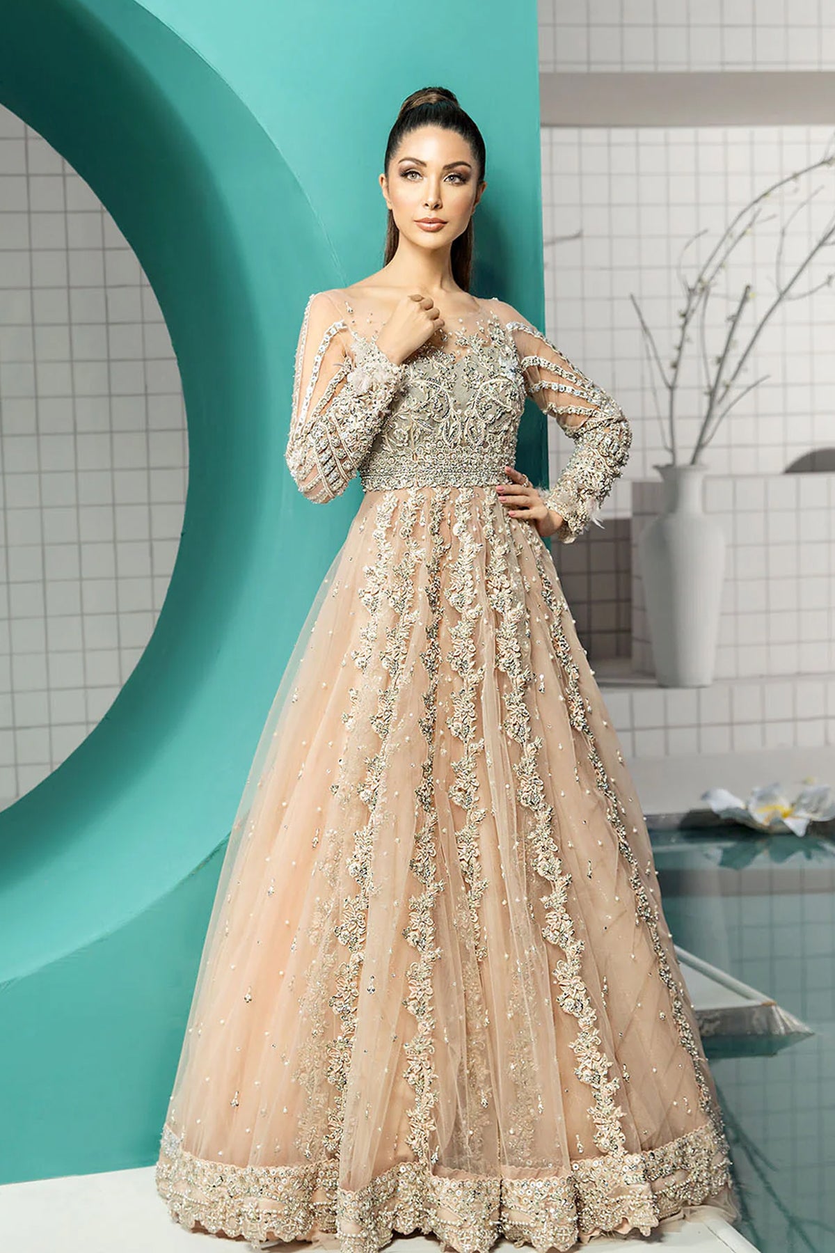 Pakistani Peach Embellished Net Gown (1-Pc) - Image 1