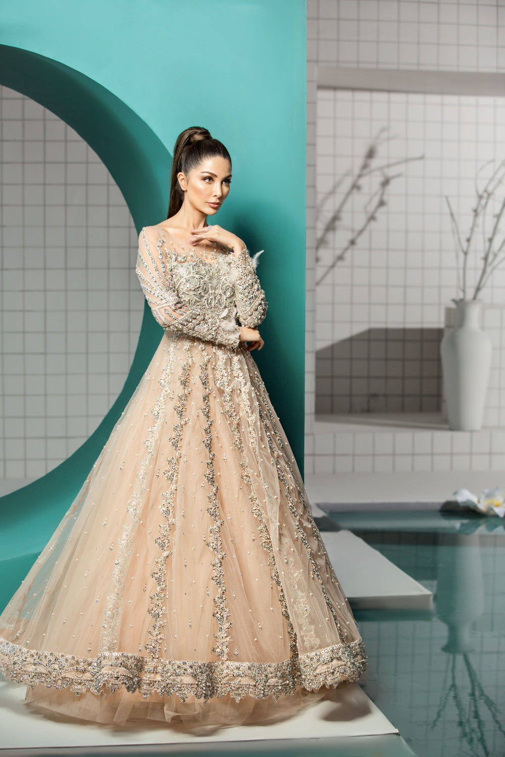Pakistani Peach Embellished Net Gown (1-Pc) - Image 2