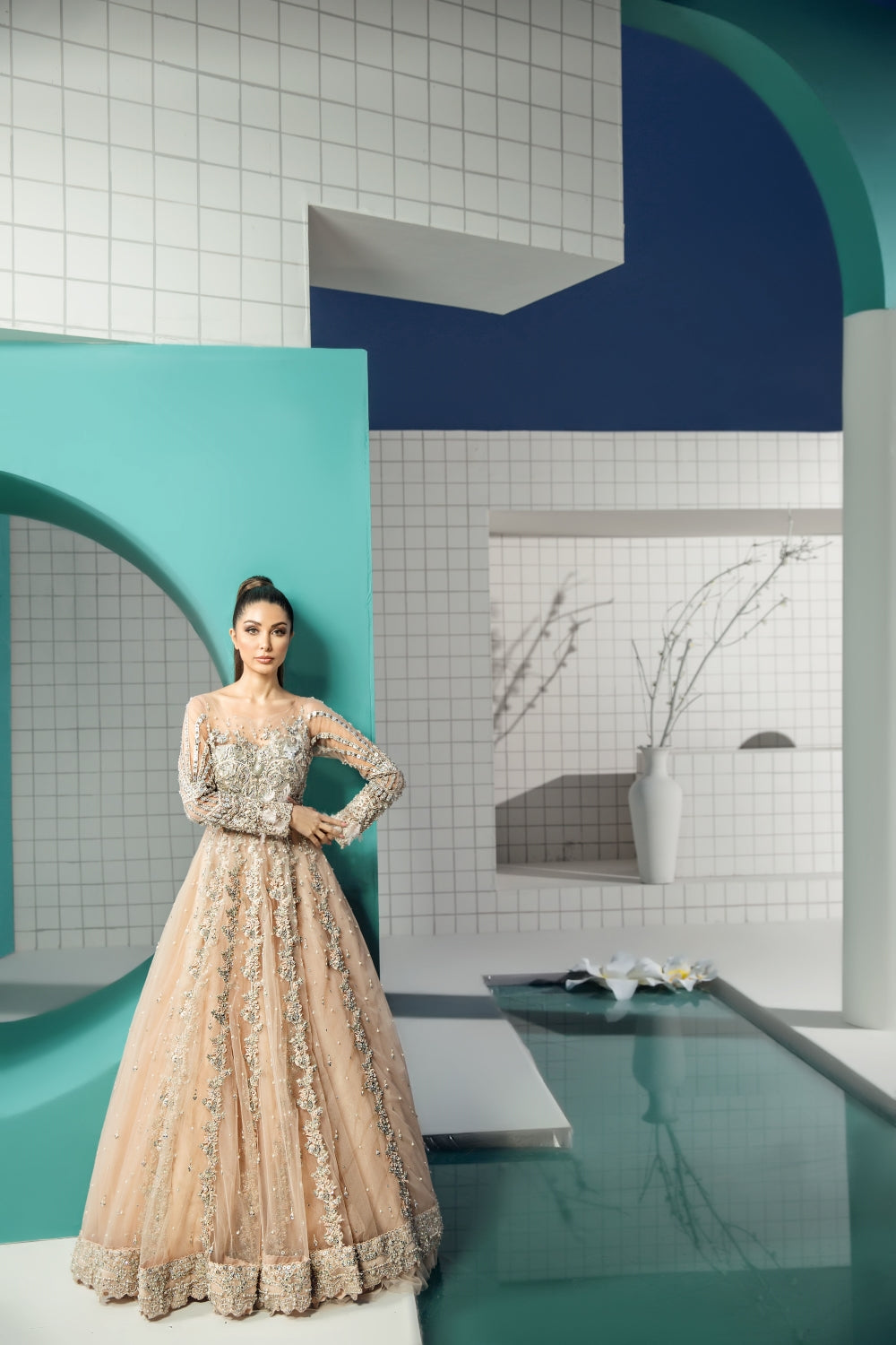 Pakistani Peach Embellished Net Gown (1-Pc) - Image 3