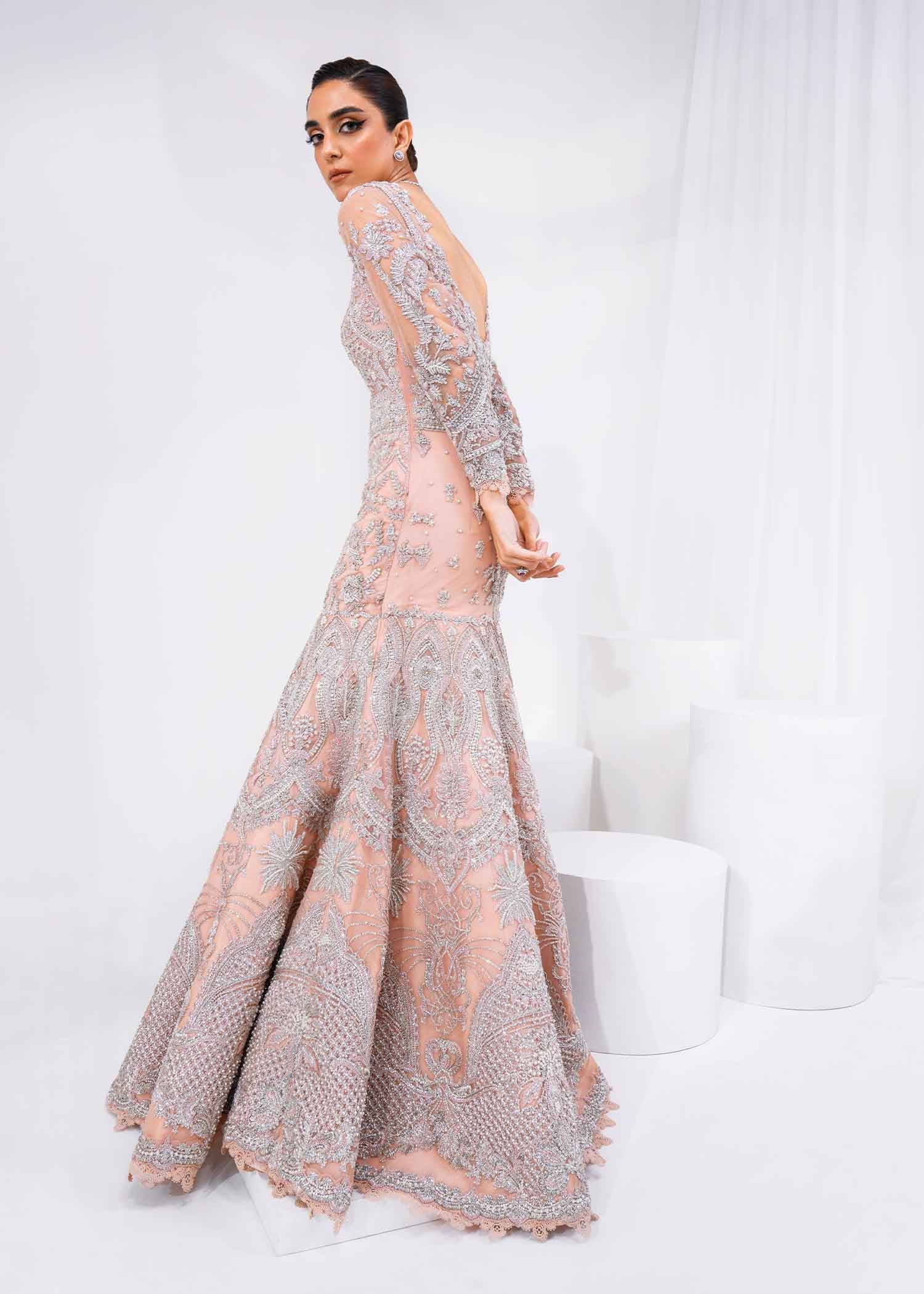 Pakistani Blush Pink Embellished Net Gown (2-Piece) - Image 2