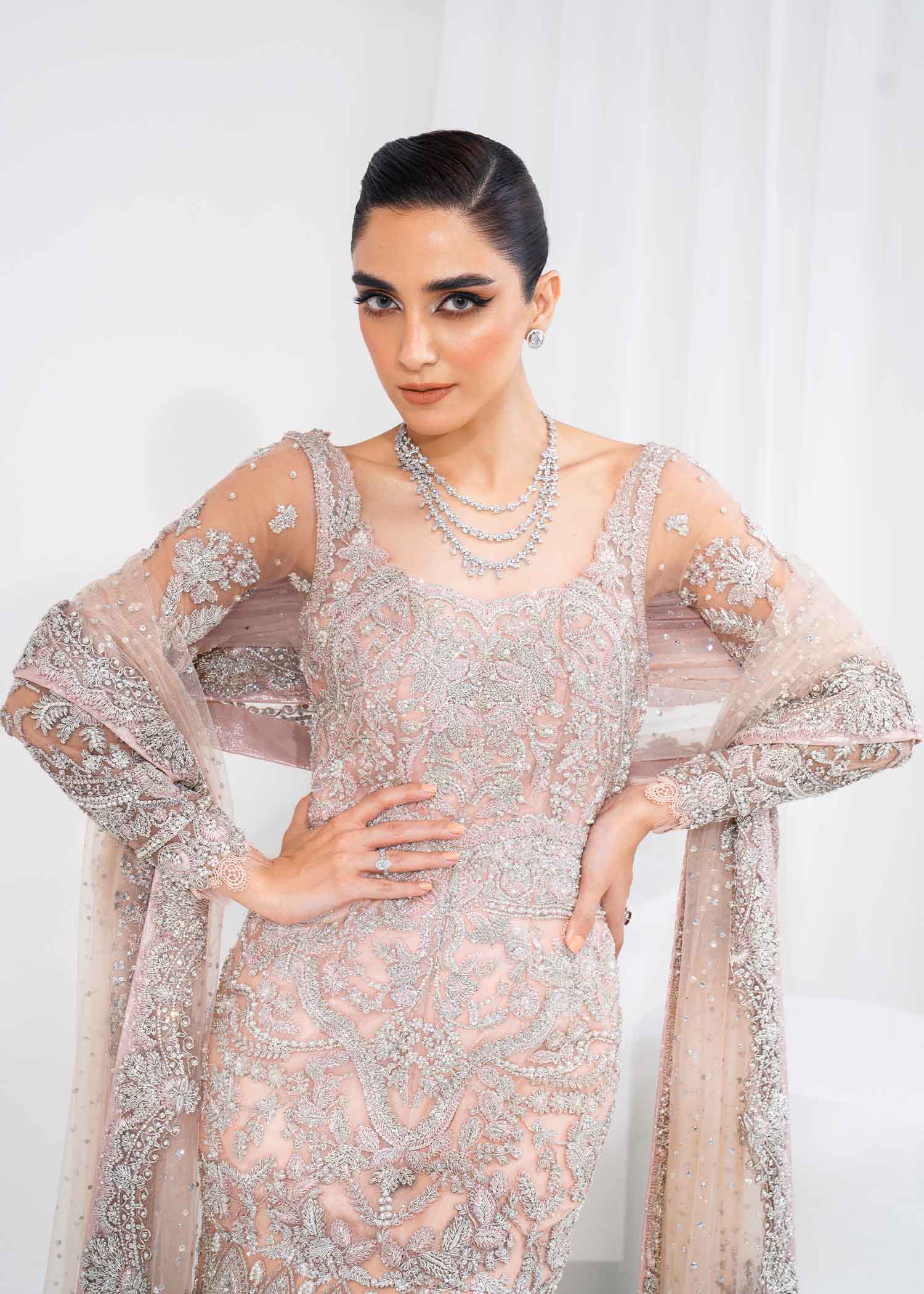 Pakistani Blush Pink Embellished Net Gown (2-Piece) - Image 3
