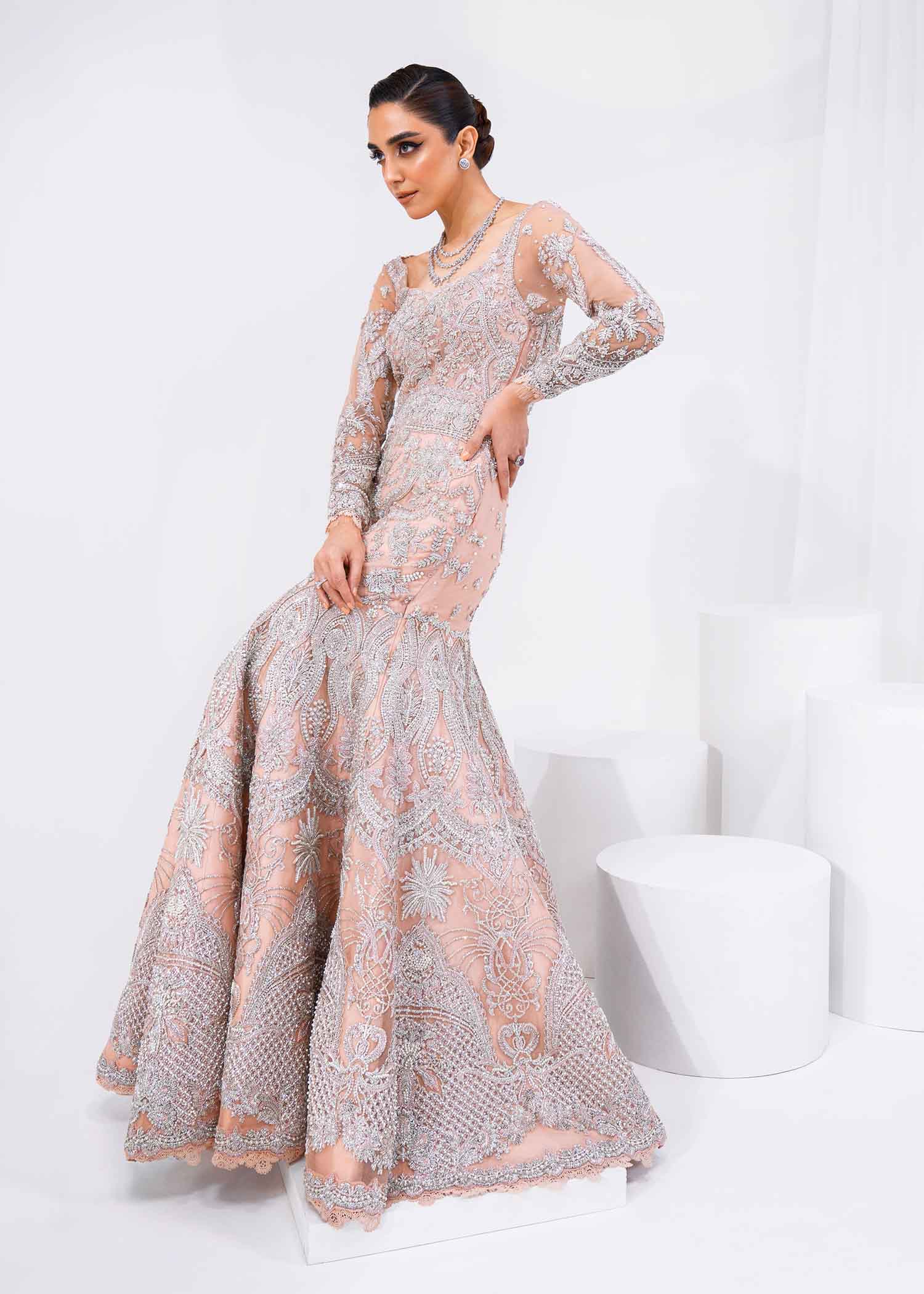 Pakistani Blush Pink Embellished Net Gown (2-Piece) - Image 4