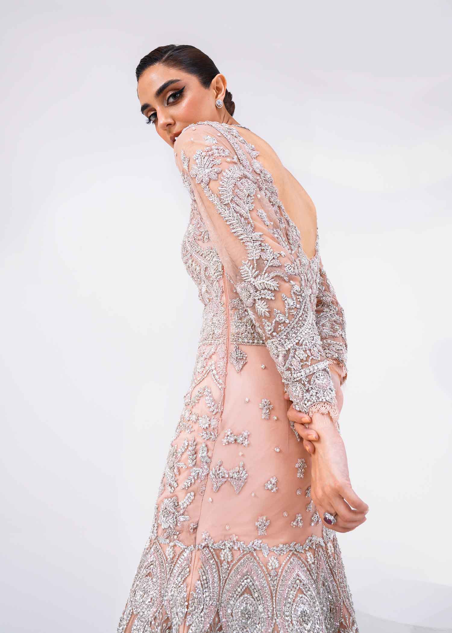 Pakistani Blush Pink Embellished Net Gown (2-Piece) - Image 5