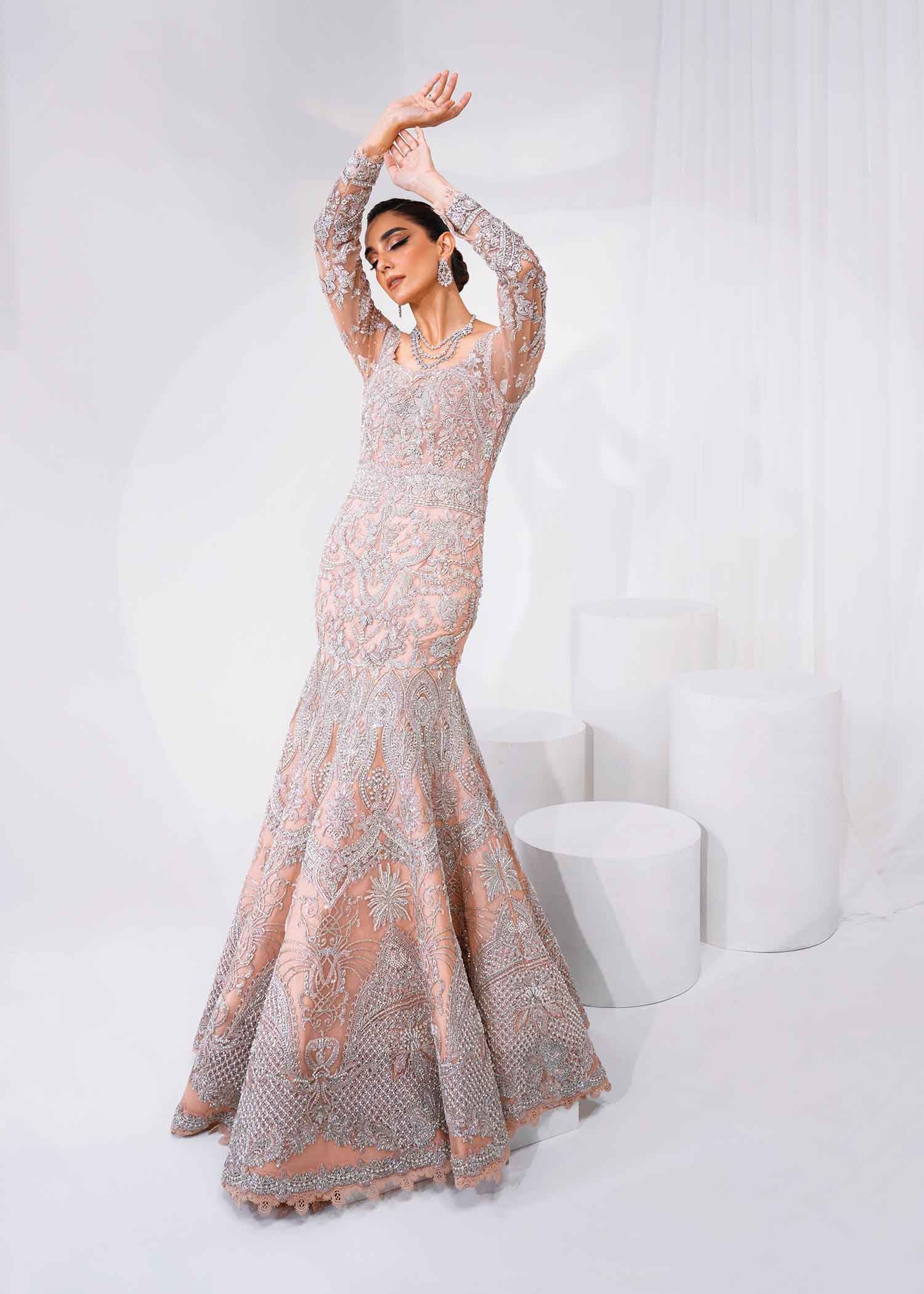 Pakistani Blush Pink Embellished Net Gown (2-Piece) - Image 6
