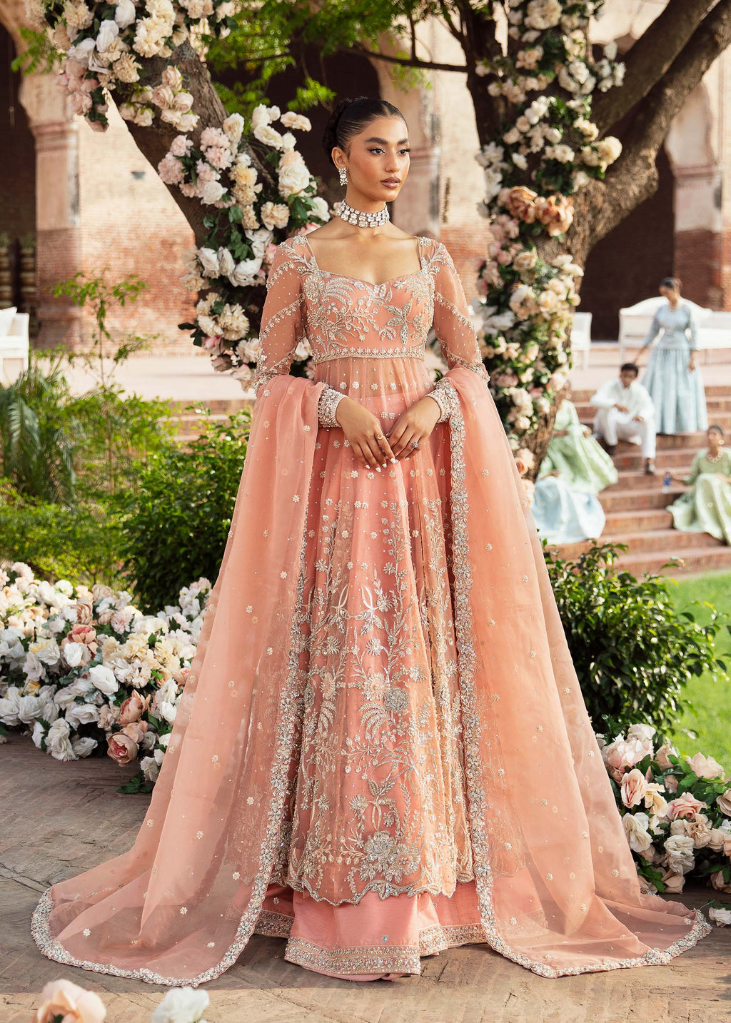 Pakistani Peach Embroidered Net Bridal Gown (2-Piece) - Image 1