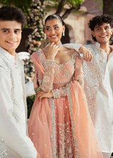 Pakistani Peach Embroidered Net Bridal Gown (2-Piece) - Image 4