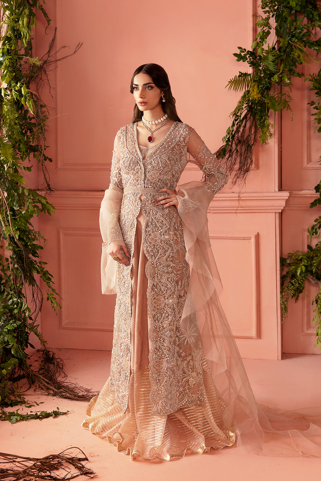 Blush Pink Embellished Net Jacket Gown (3-Piece) - Image 1