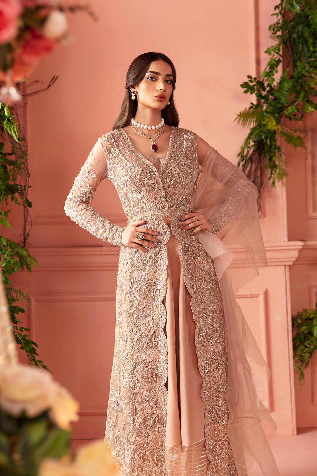 Blush Pink Embellished Net Jacket Gown (3-Piece) - Image 2