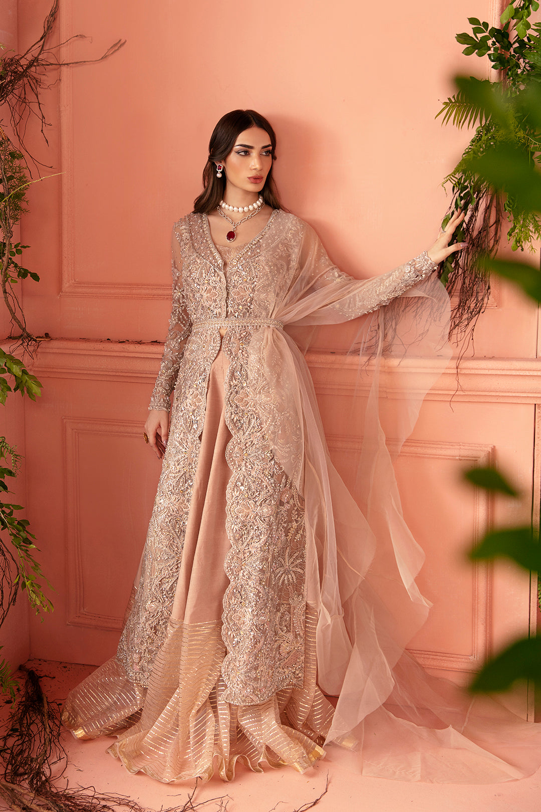 Blush Pink Embellished Net Jacket Gown (3-Piece) - Image 3