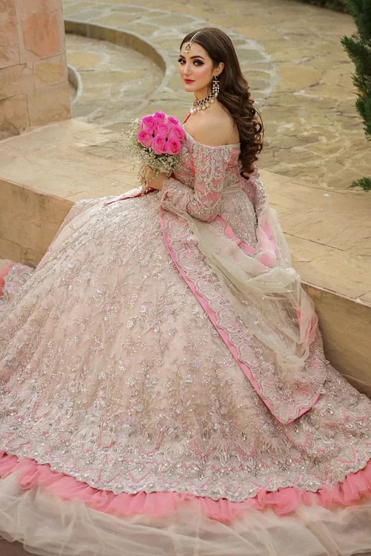 Pakistani Blush Pink Embellished Net Bridal Gown (2-Piece) - Image 1