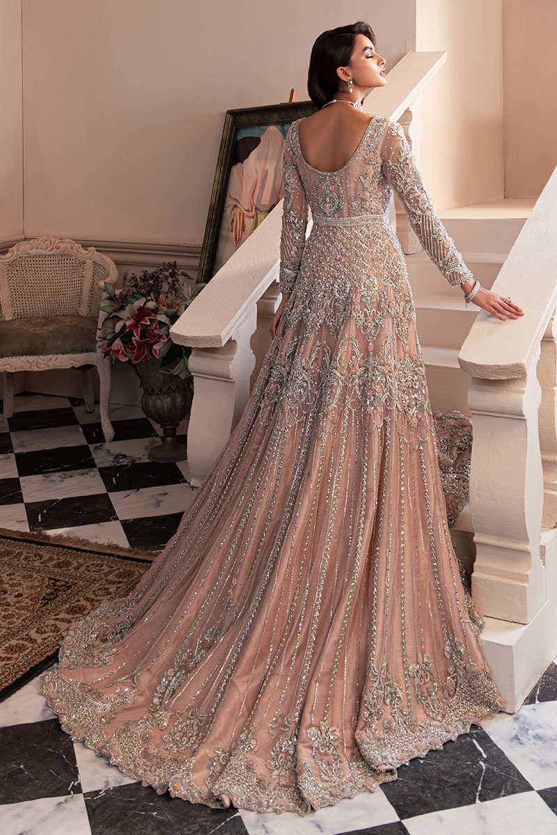 Pakistani Blush Pink Embellished Net Bridal Tail Gown (2-Piece) - Image 6