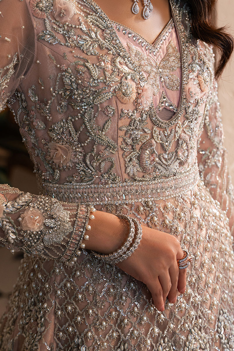 Pakistani Blush Pink Embellished Net Bridal Tail Gown (2-Piece) - Image 7