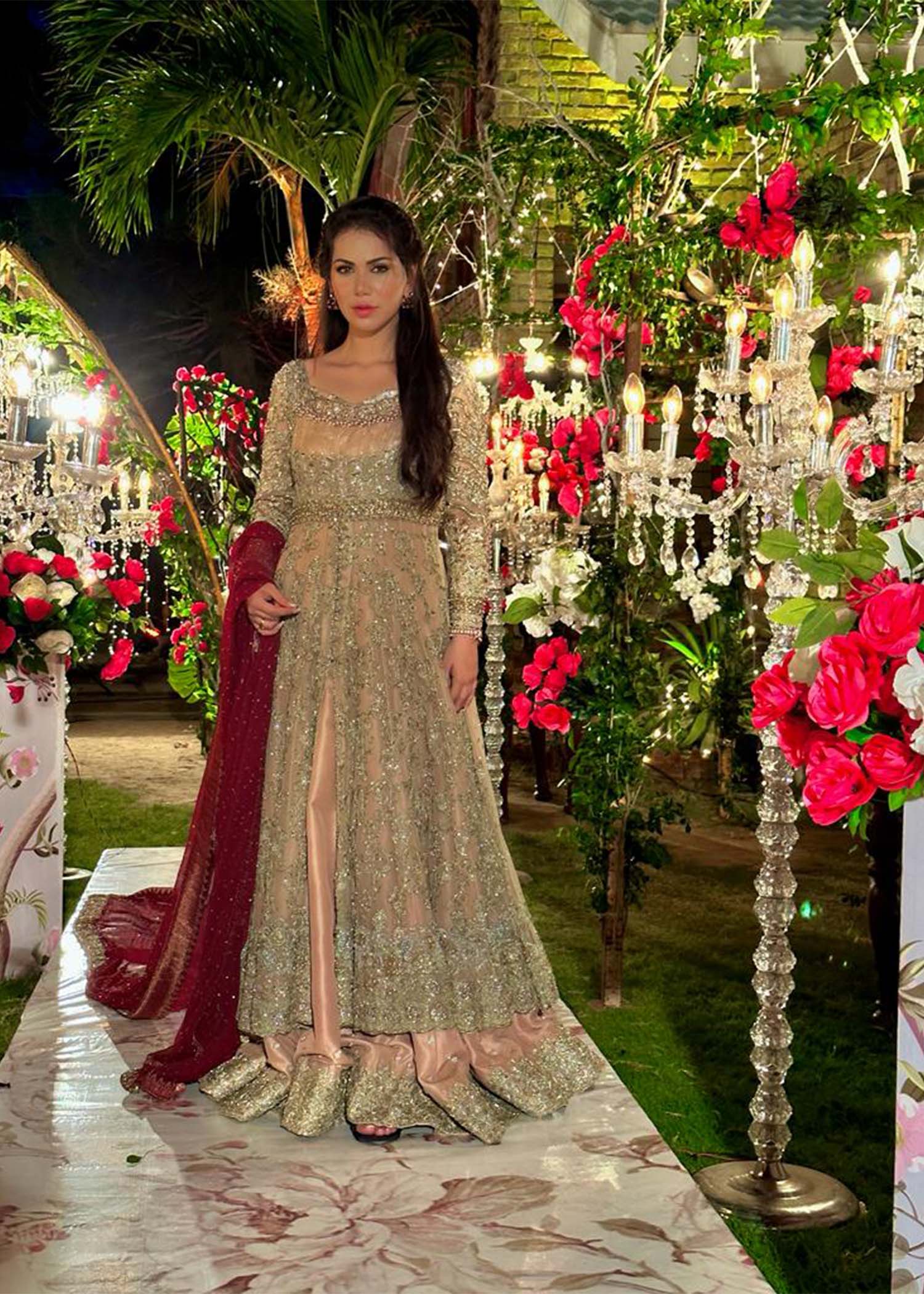 Pakistani Blush Pink Embellished Net Bridal Gown (2-Piece) - Image 1