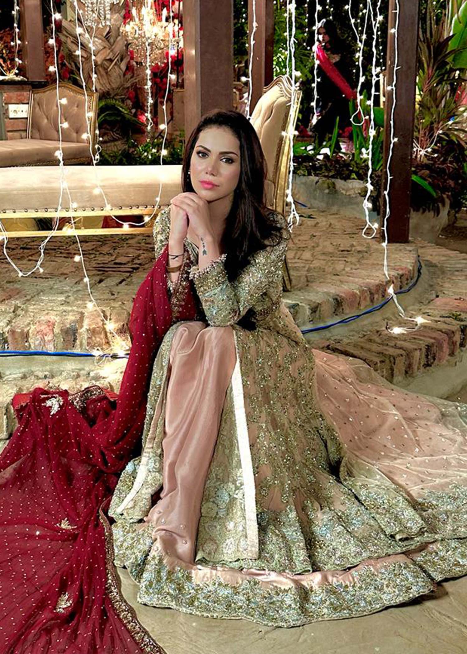 Pakistani Blush Pink Embellished Net Bridal Gown (2-Piece) - Image 2
