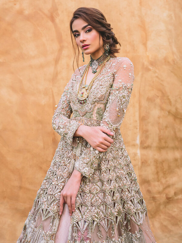 Blush Pink Embroidered Net Bridal Gown (1-Pc) - Image 1