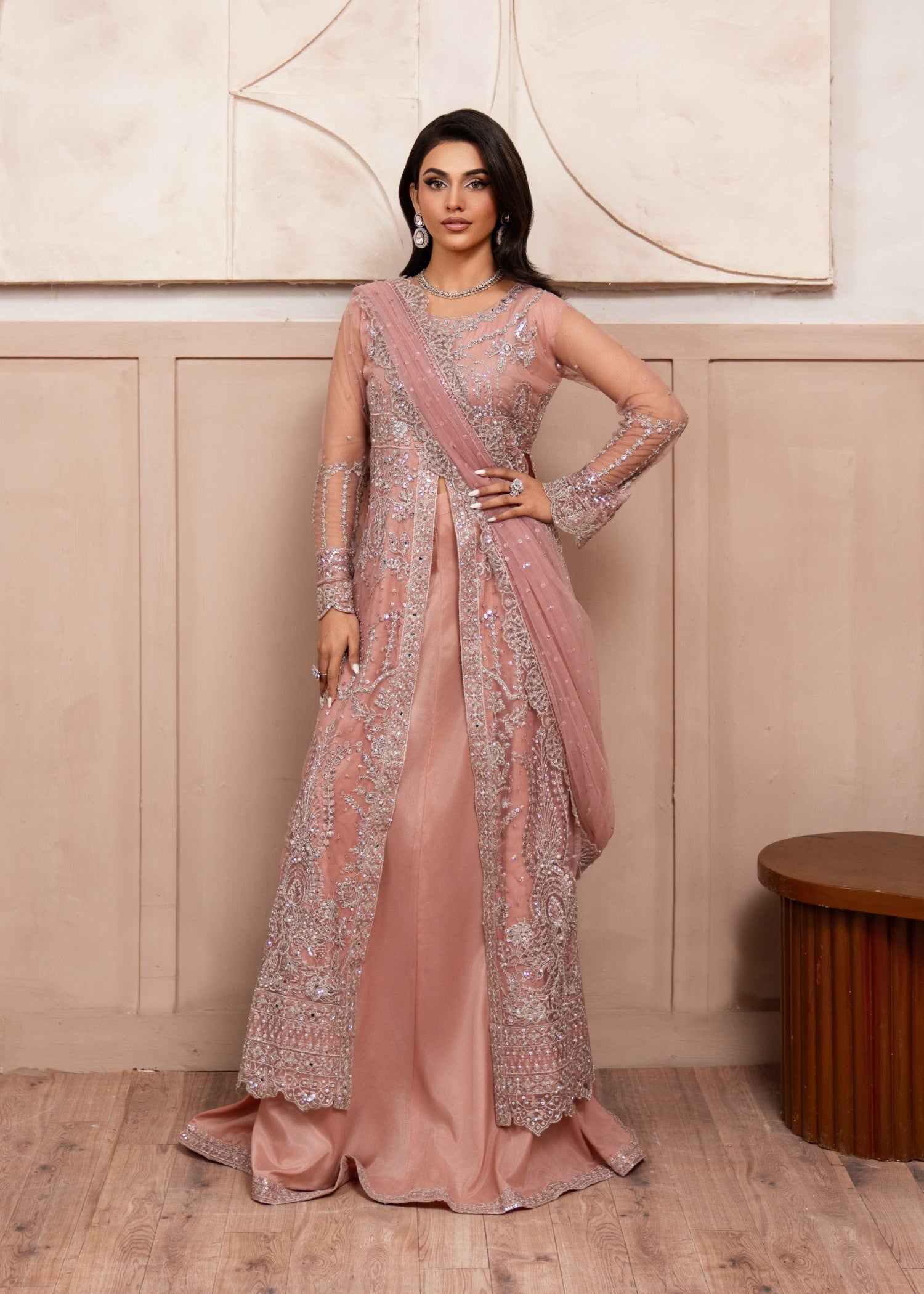 Pakistani Peach Embroidered Net Gown (2-Piece) - Image 1