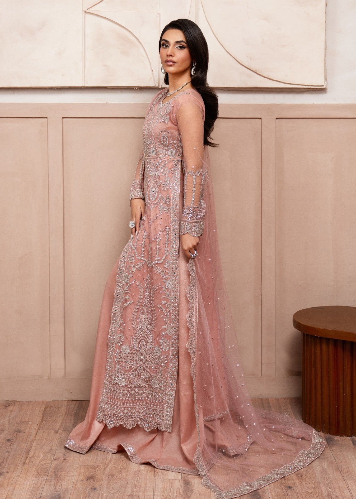 Pakistani Peach Embroidered Net Gown (2-Piece) - Image 2