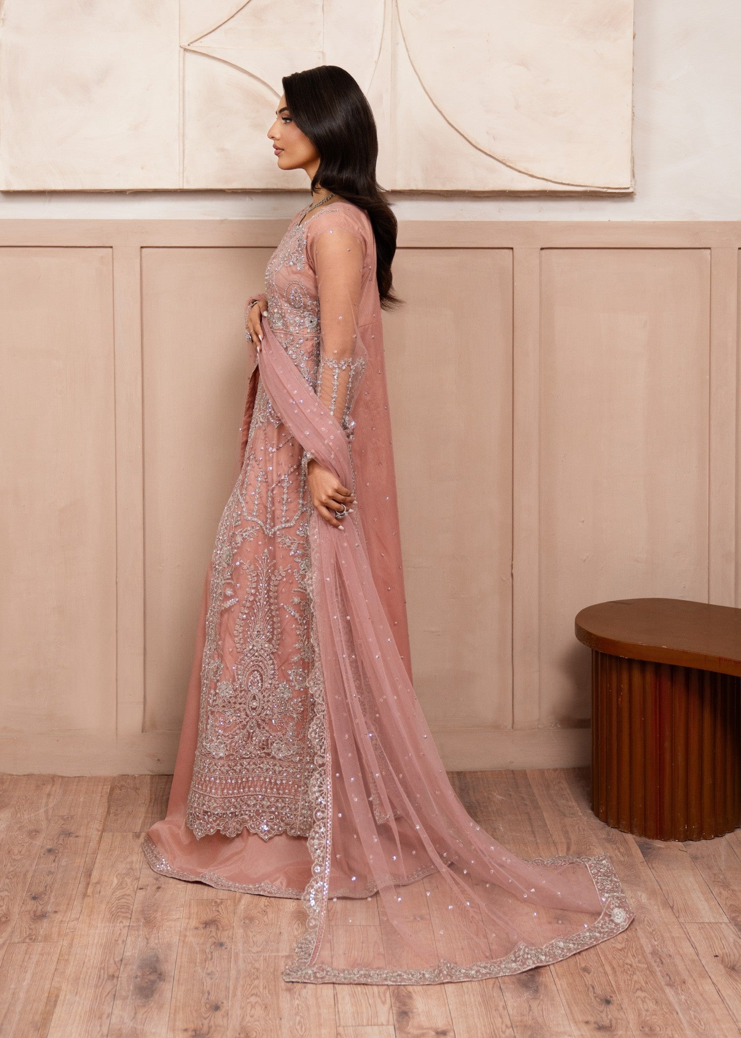 Pakistani Peach Embroidered Net Gown (2-Piece) - Image 3