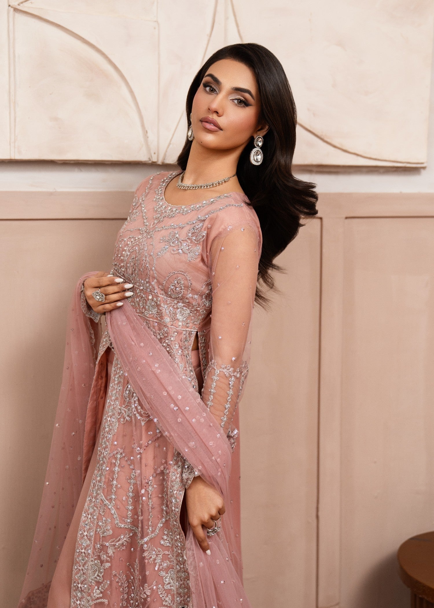 Pakistani Peach Embroidered Net Gown (2-Piece) - Image 6