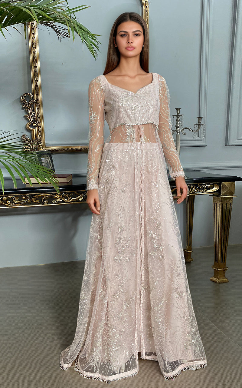 Blush Pink Embroidered Net Gown (1-Pc) - Image 1
