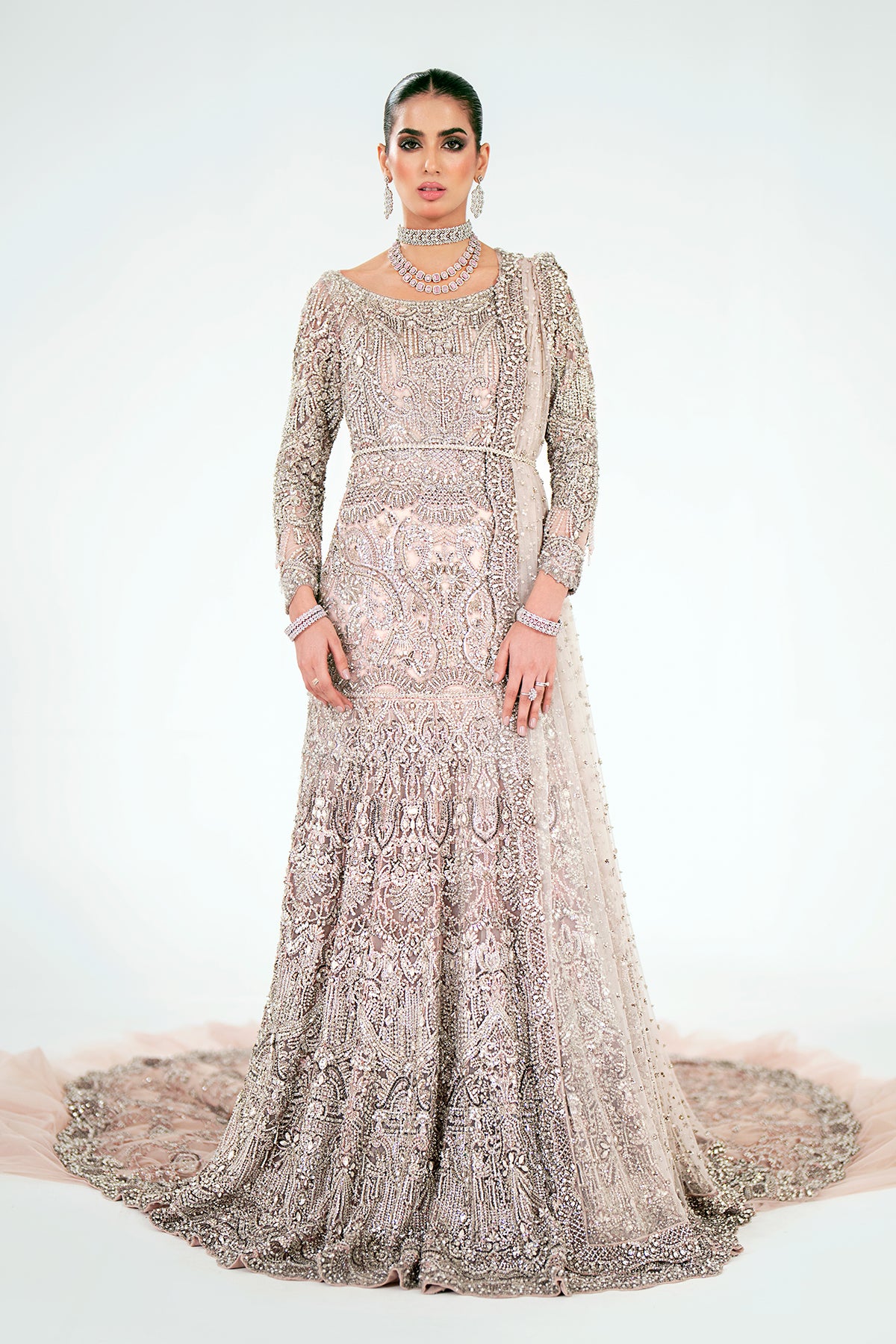 Pakistani Powder Pink Embellished Net Bridal Gown (2-Piece) - Image 1