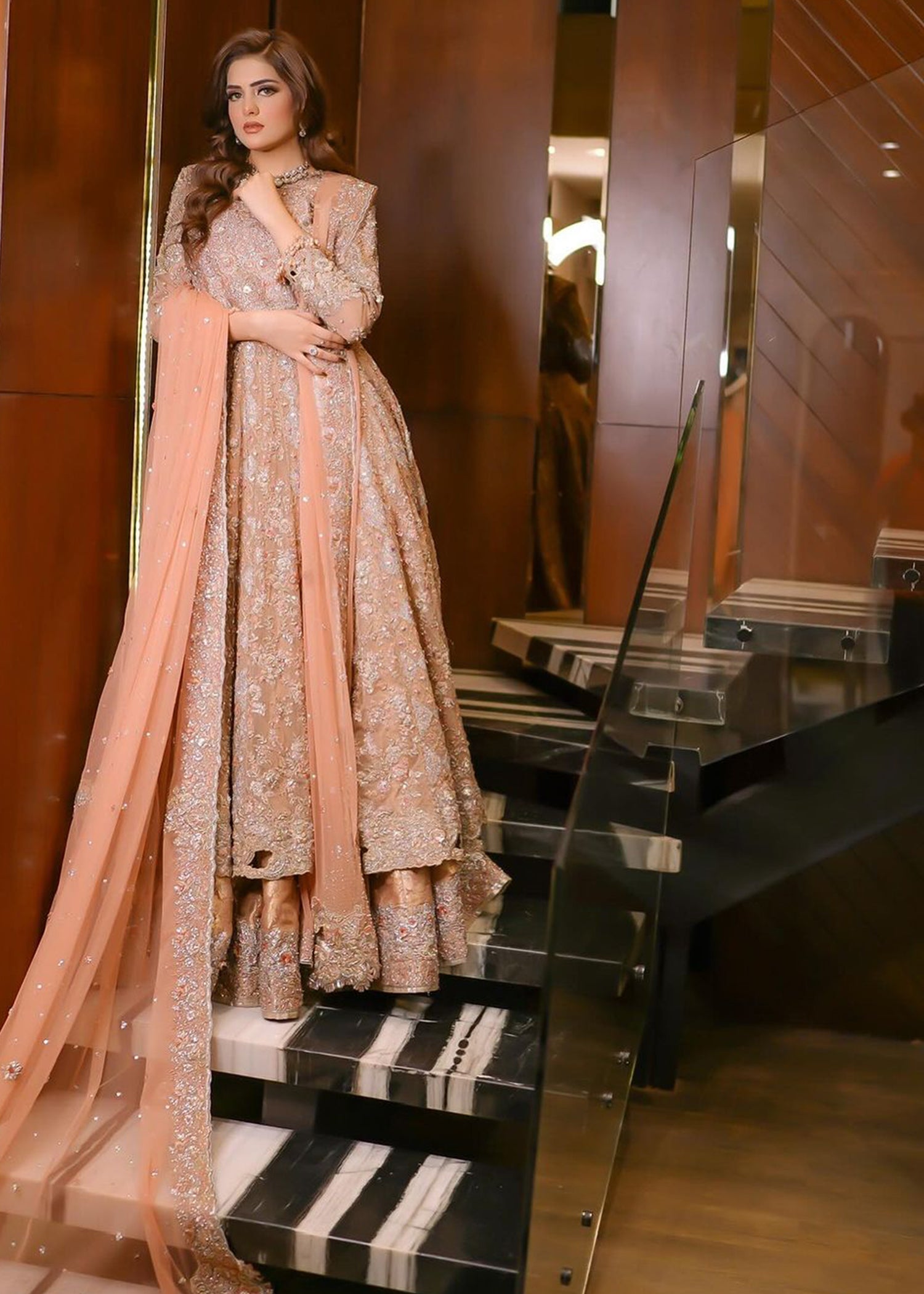 Peach Embellished Net Bridal Gown (2-Piece) - Image 1