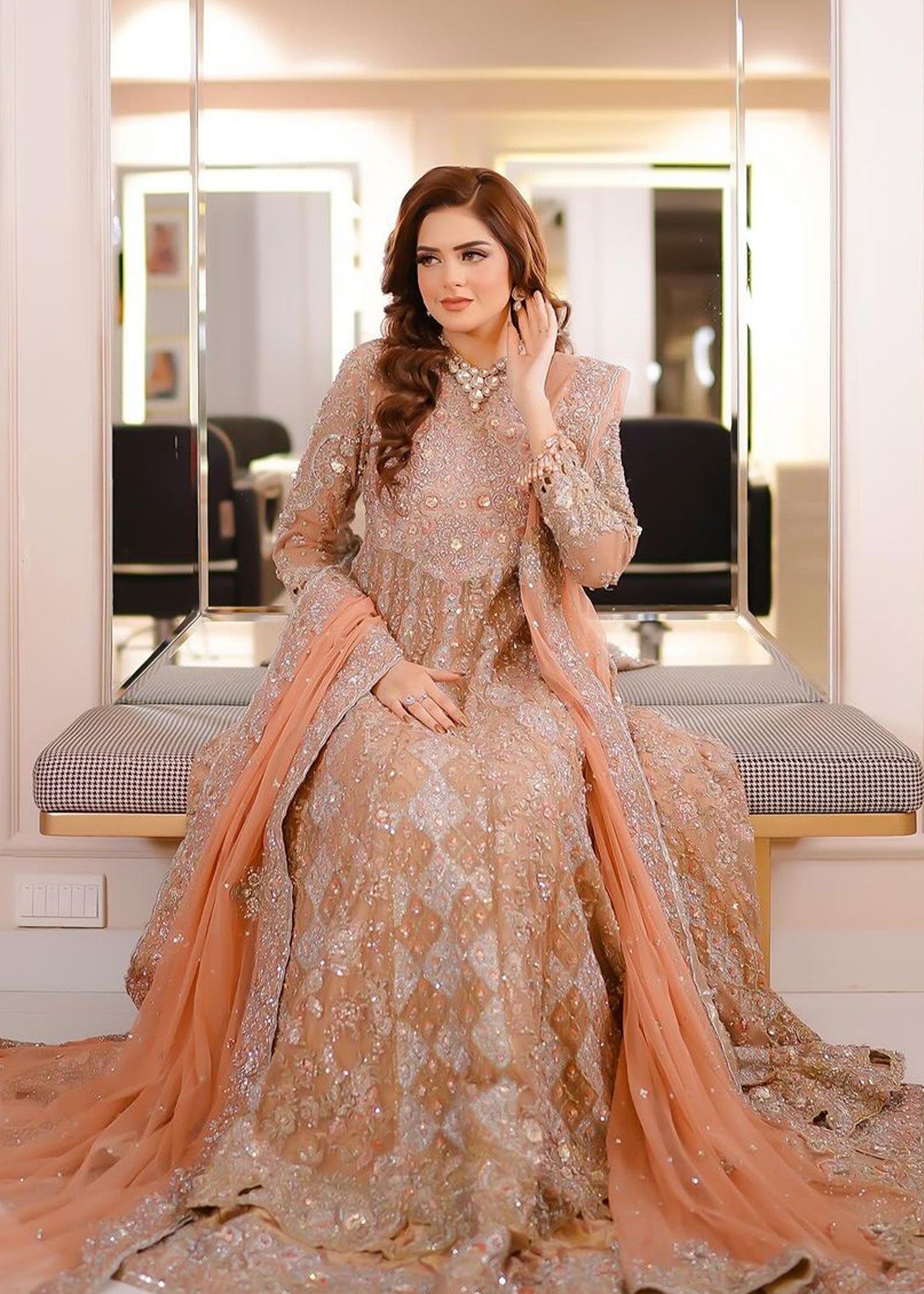 Peach Embellished Net Bridal Gown (2-Piece) - Image 2