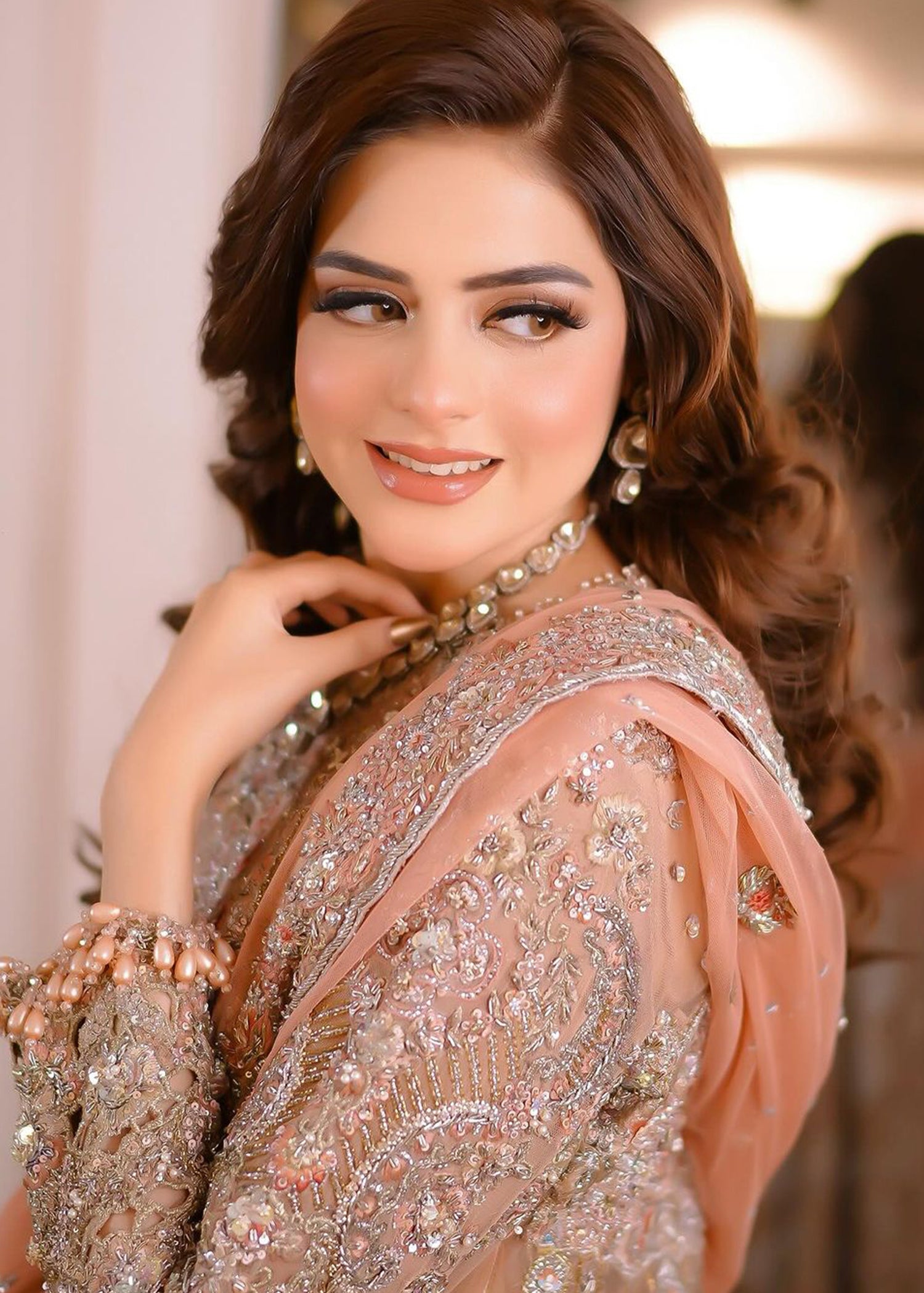 Peach Embellished Net Bridal Gown (2-Piece) - Image 3