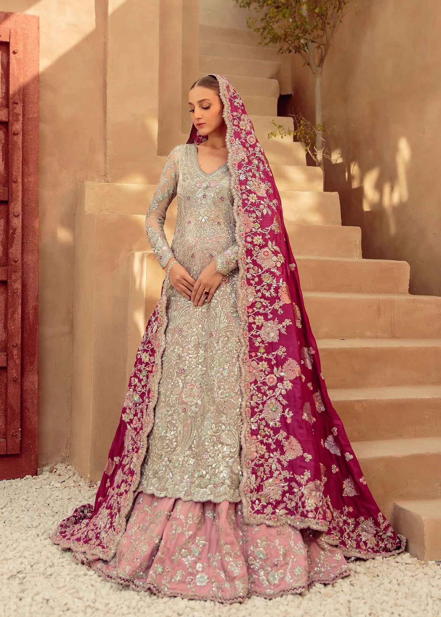 Pakistani Frost Pink Embellished Net Bridal Gown (2-Piece) - Image 1