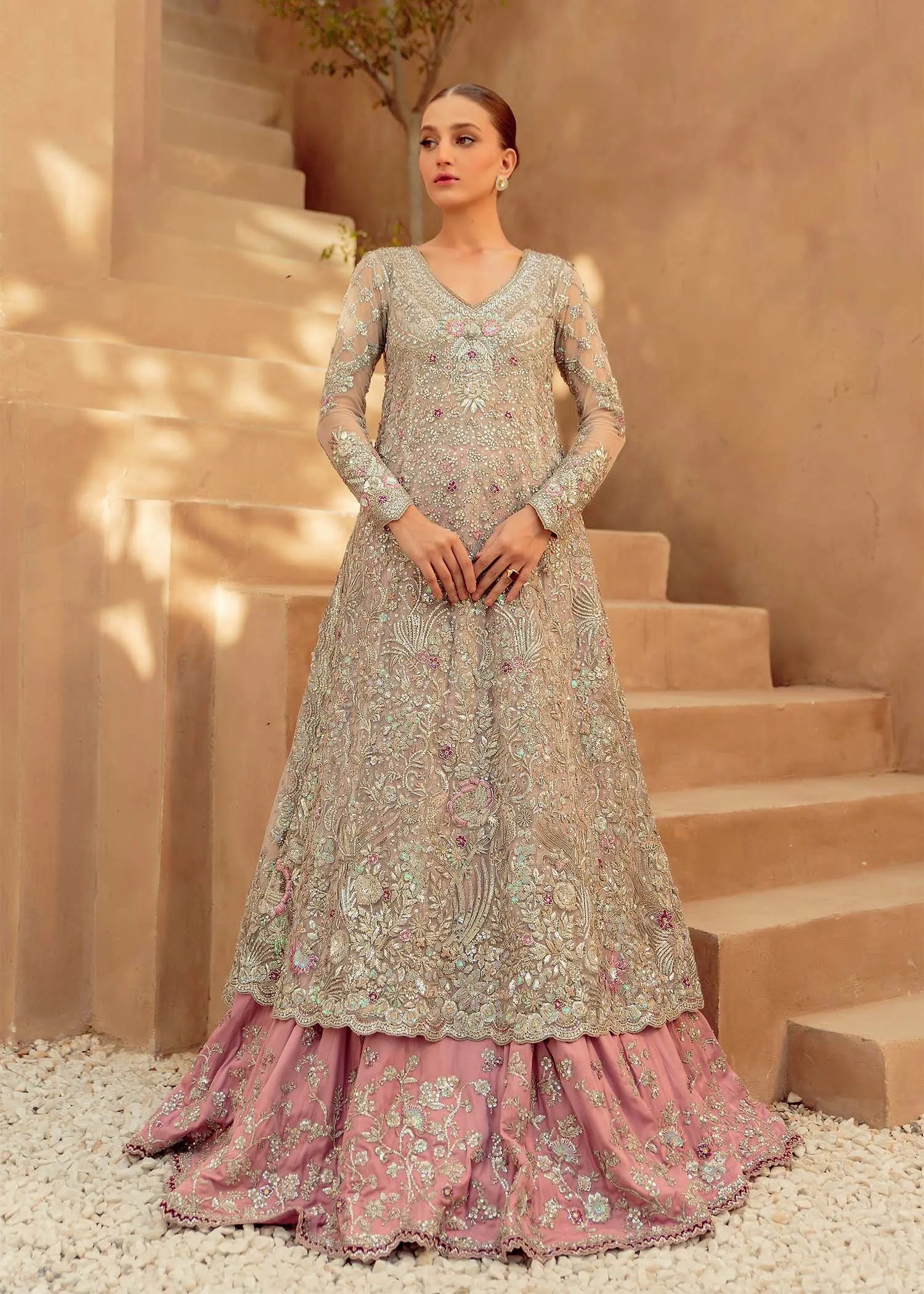 Pakistani Frost Pink Embellished Net Bridal Gown (2-Piece) - Image 3