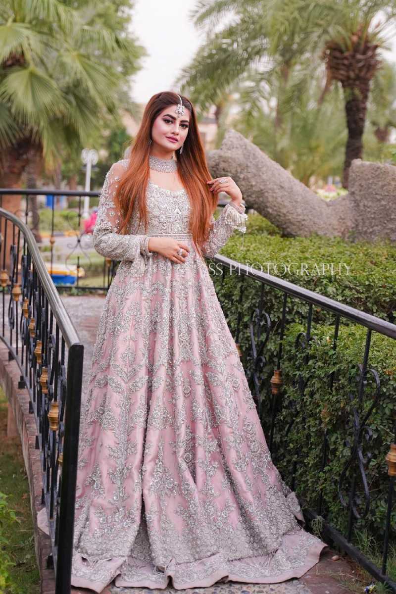 Pakistani Blush Pink Embellished Net Silk Bridal Gown (1-Pc) - Image 1