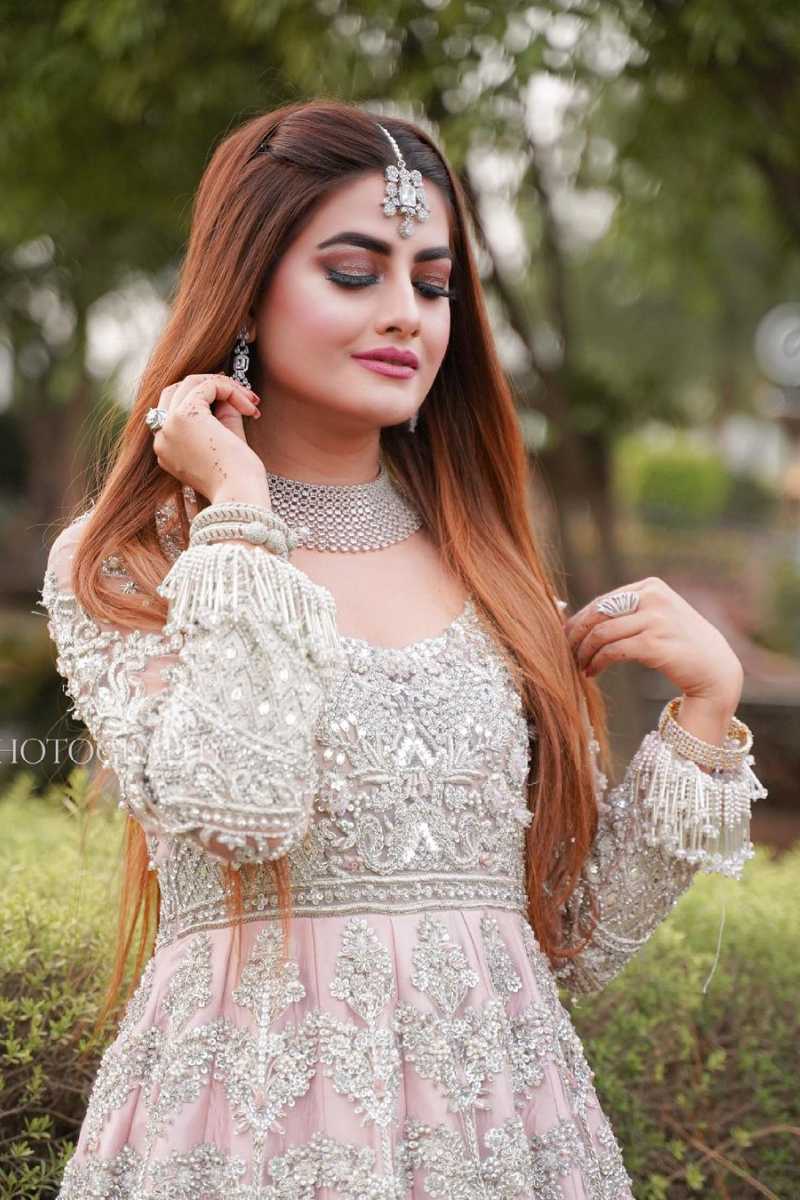 Pakistani Blush Pink Embellished Net Silk Bridal Gown (1-Pc) - Image 2