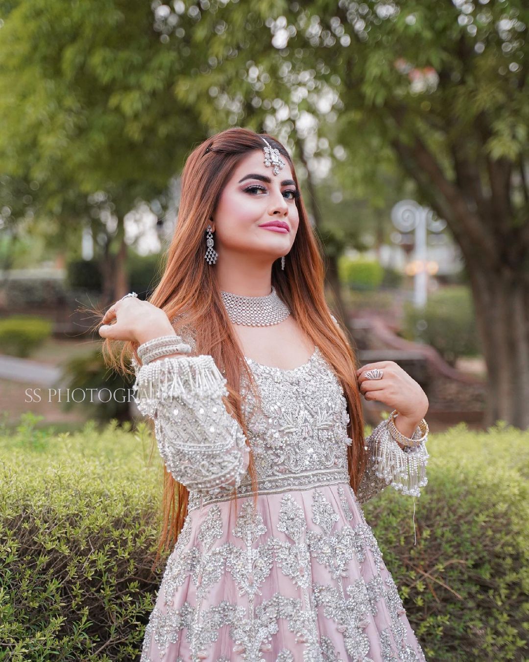 Pakistani Blush Pink Embellished Net Silk Bridal Gown (1-Pc) - Image 4