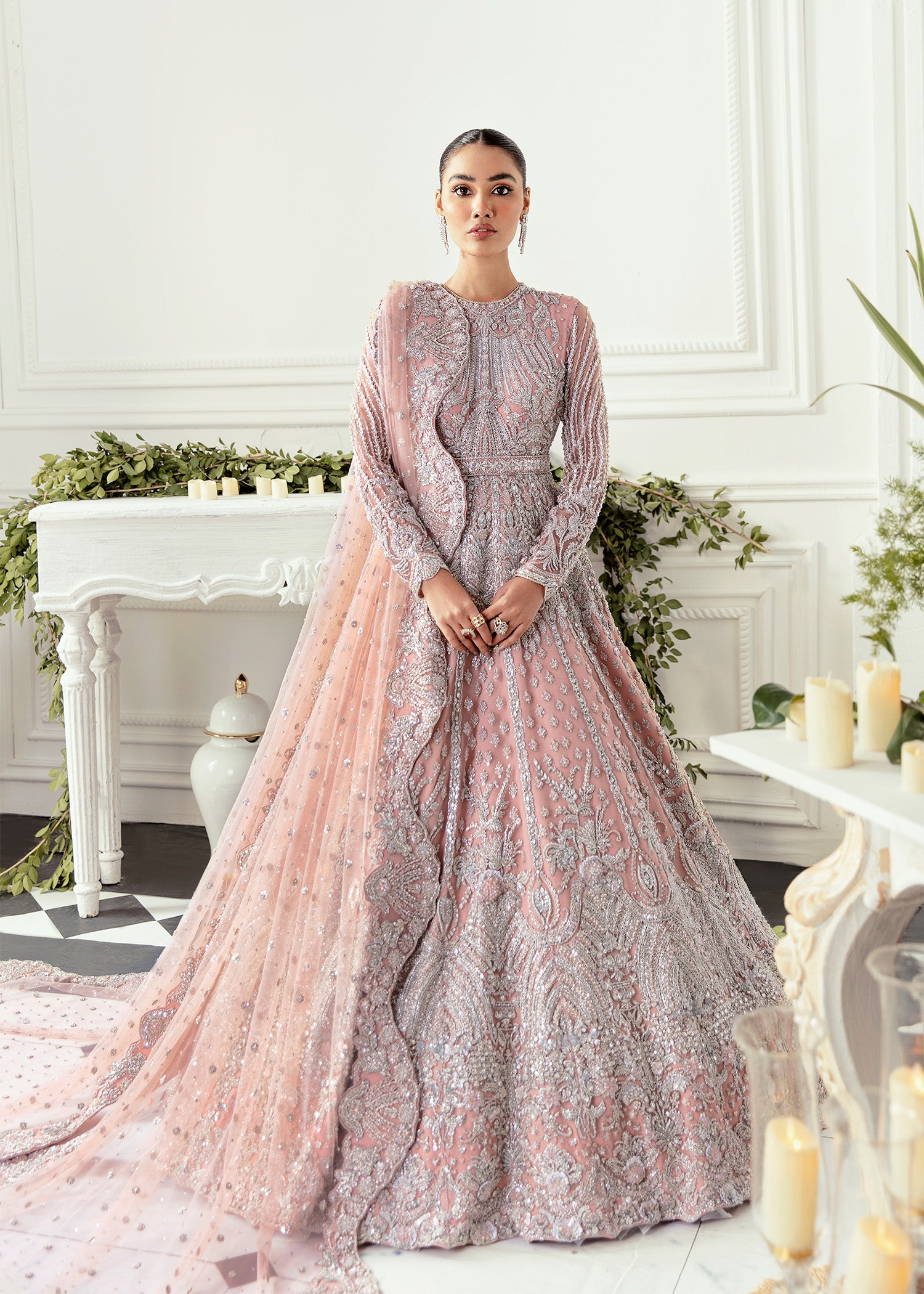 Pakistani Blush Pink Embellished Net Bridal Gown (2-Piece) - Image 1