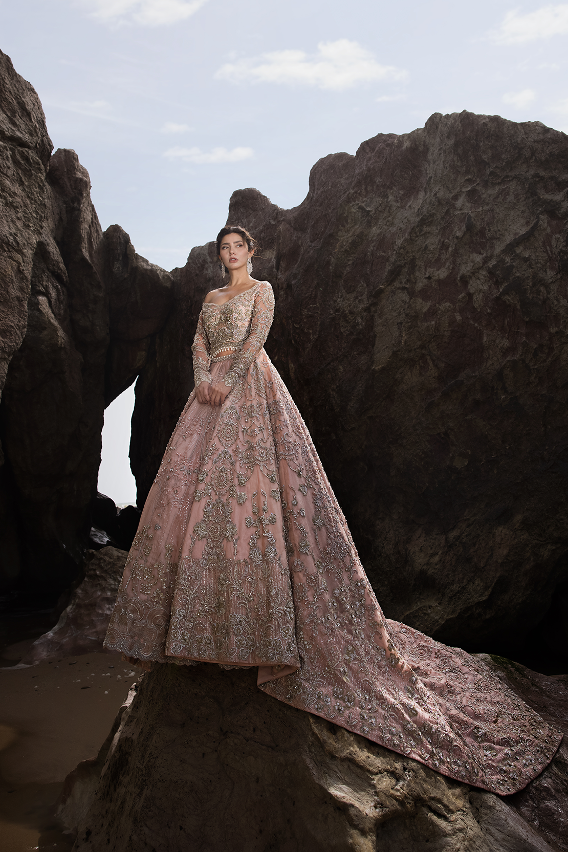 Blush Pink Embellished Net Silk Bridal Gown (1-Pc) - Image 1