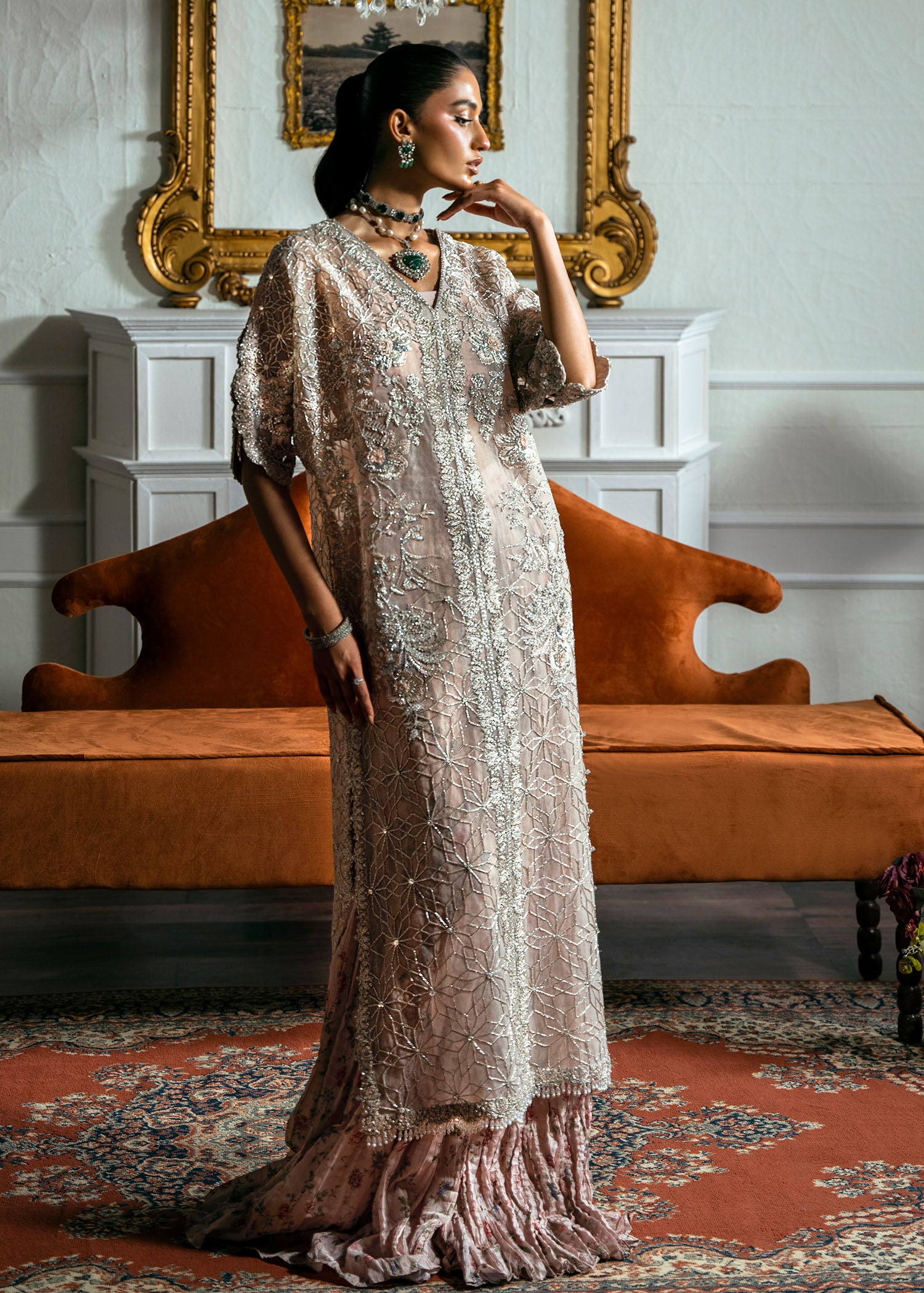 Indian Light Pink Embroidered Net Gown (3-Piece) - Image 4