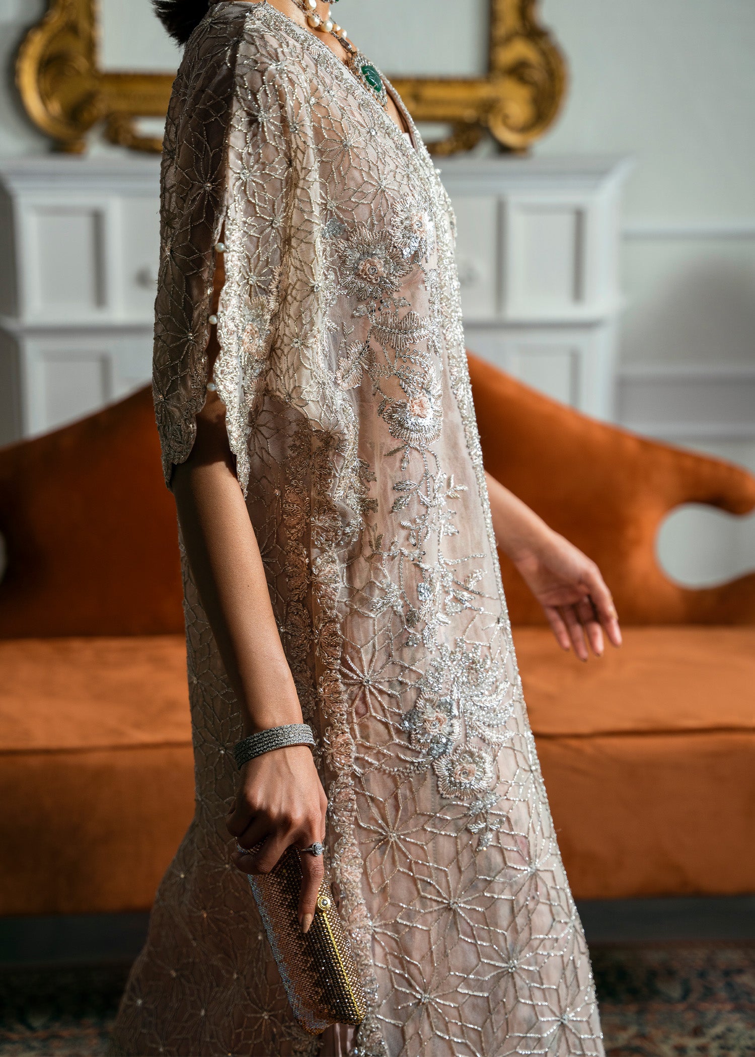 Indian Light Pink Embroidered Net Gown (3-Piece) - Image 5