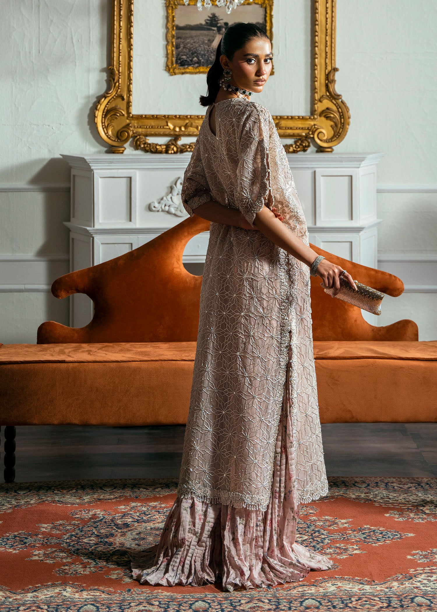 Indian Light Pink Embroidered Net Gown (3-Piece) - Image 7