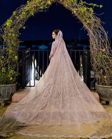 Dusty Rose Embroidered Net Silk Bridal Gown (1-Pc) - Image 5