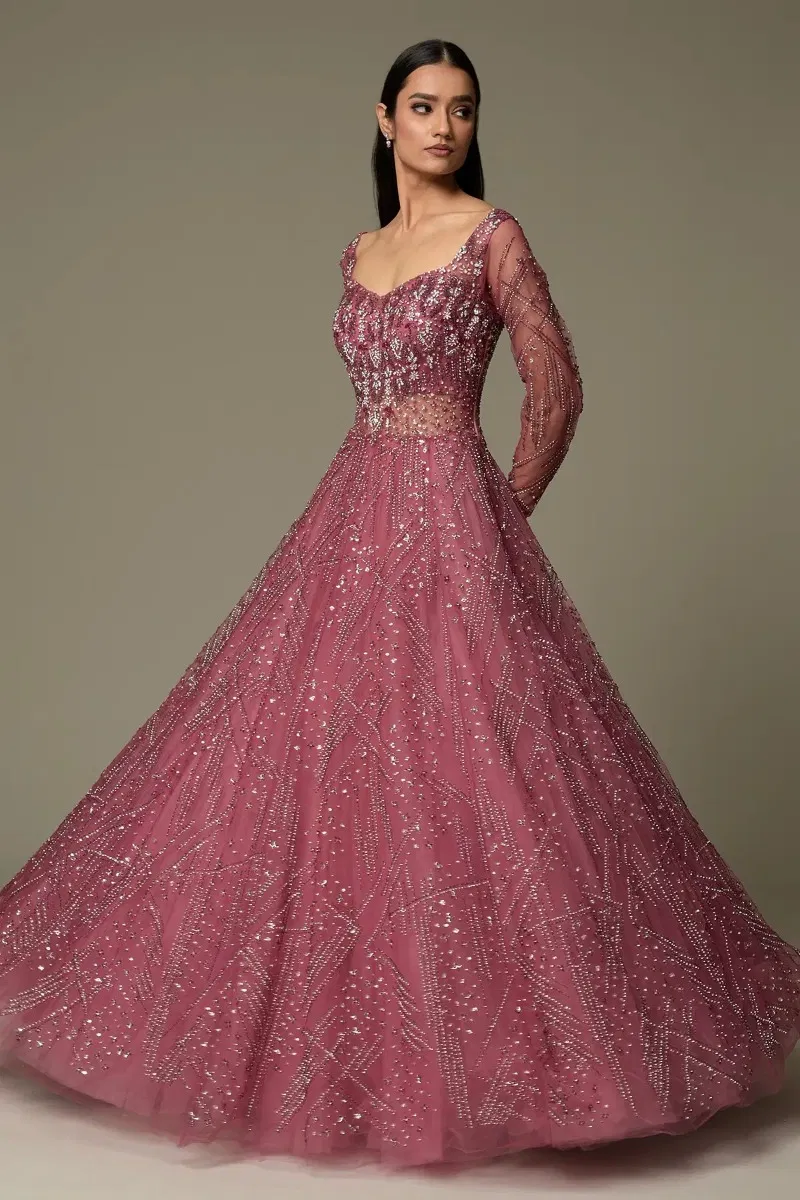 Indian Dusty Rose Pink Embellished Net Bridal Gown (1-Pc) - Image 1