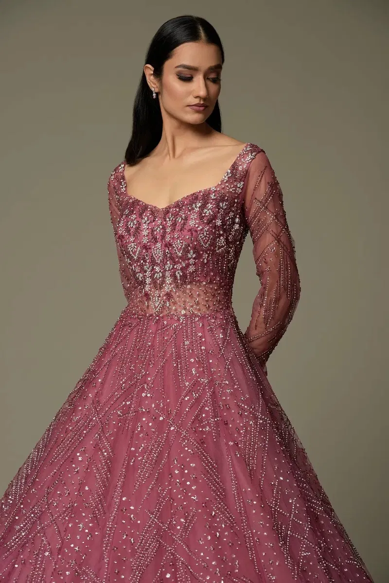 Indian Dusty Rose Pink Embellished Net Bridal Gown (1-Pc) - Image 2
