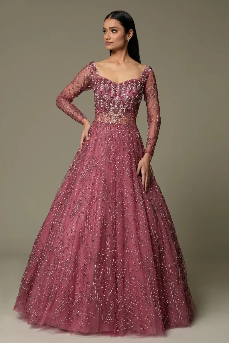 Indian Dusty Rose Pink Embellished Net Bridal Gown (1-Pc) - Image 3