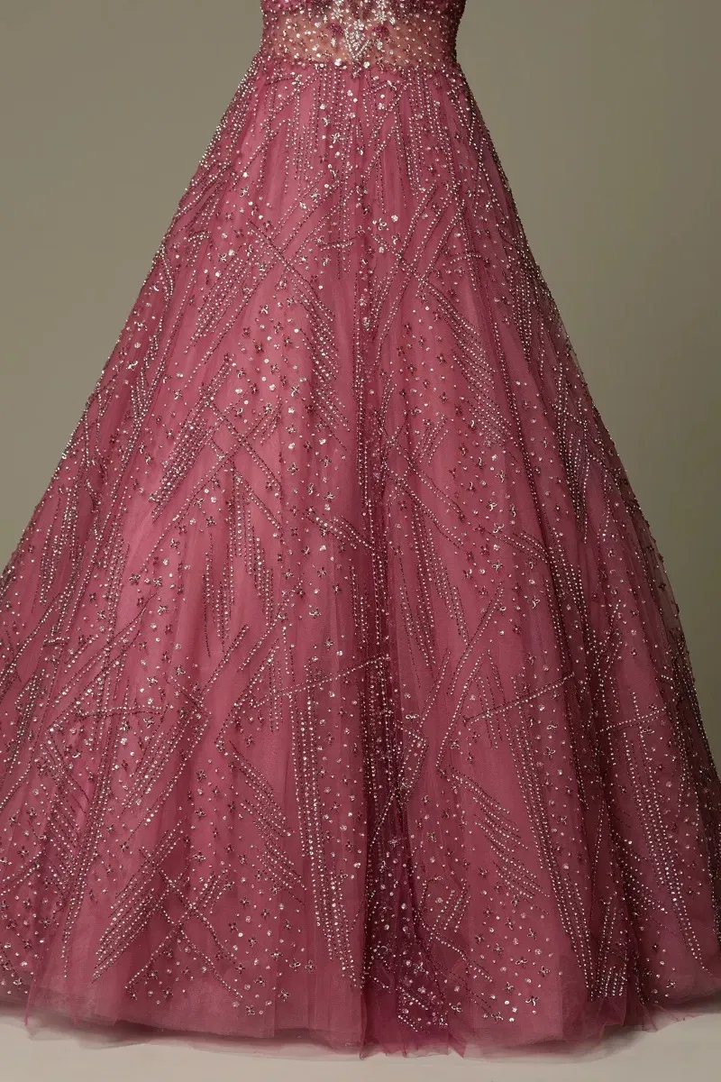 Indian Dusty Rose Pink Embellished Net Bridal Gown (1-Pc) - Image 4
