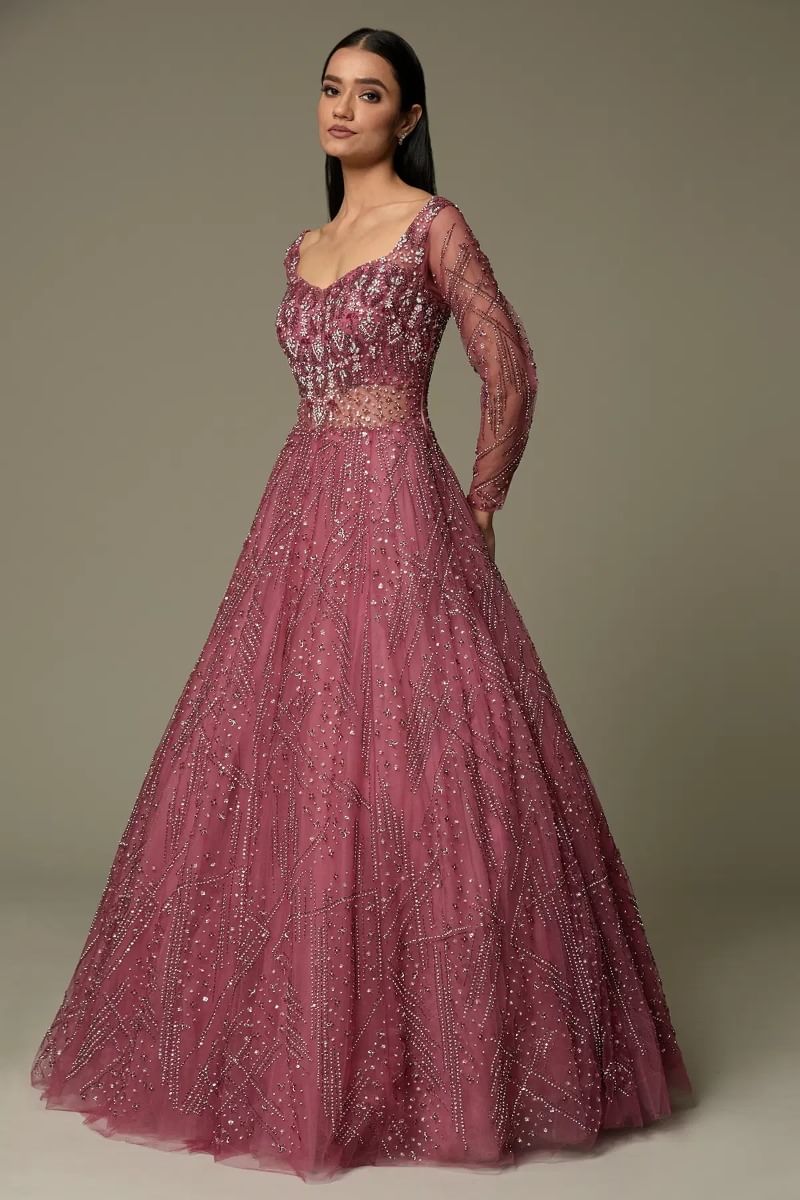Indian Dusty Rose Pink Embellished Net Bridal Gown (1-Pc) - Image 5