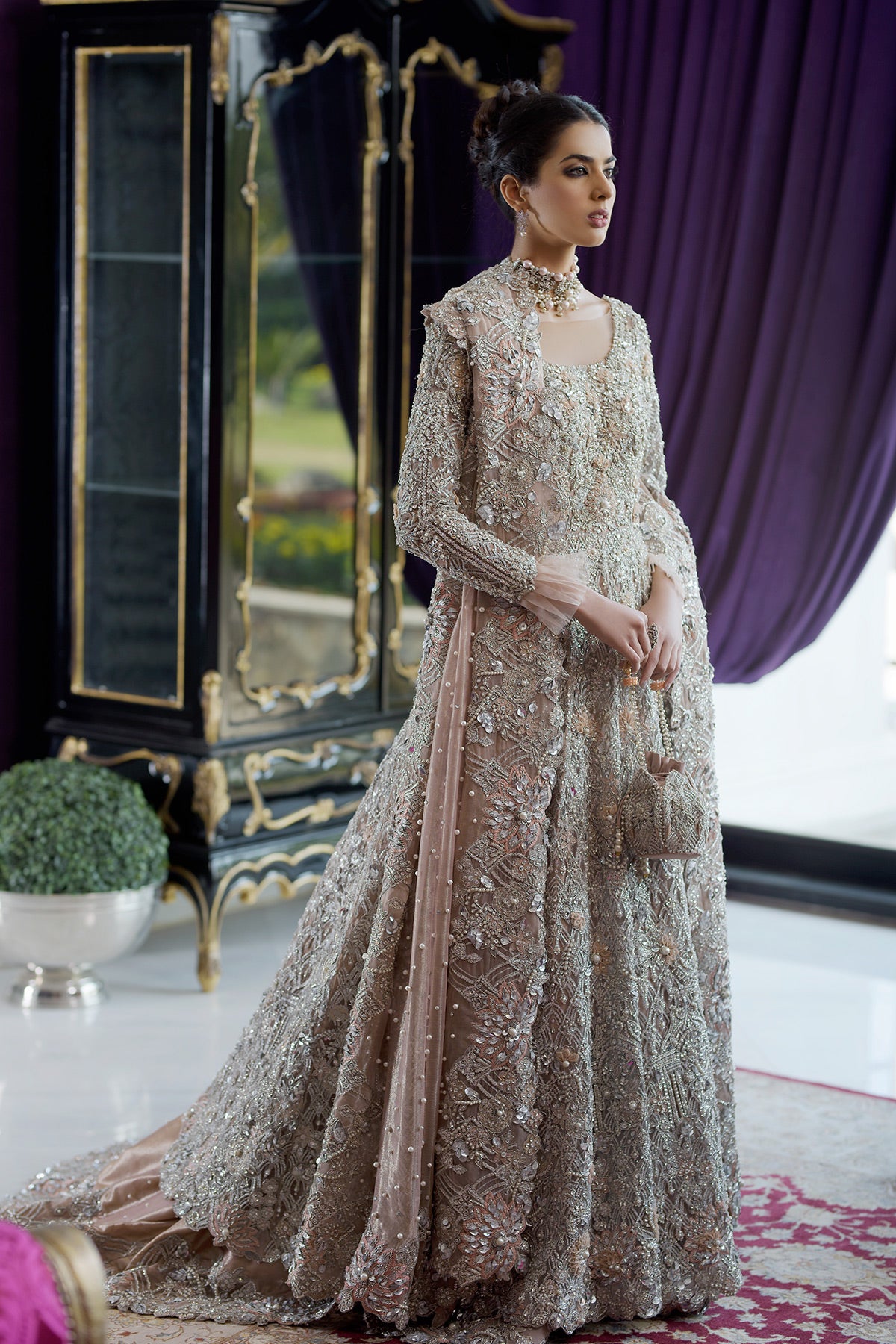 Pakistani Peach Swarovski Embellished Net & Tissue Bridal Gown (2-Piece) - Image 1