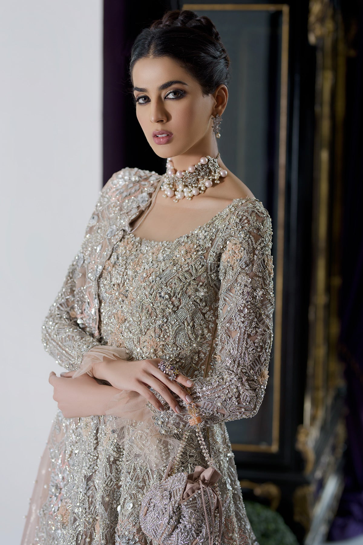 Pakistani Peach Swarovski Embellished Net & Tissue Bridal Gown (2-Piece) - Image 2