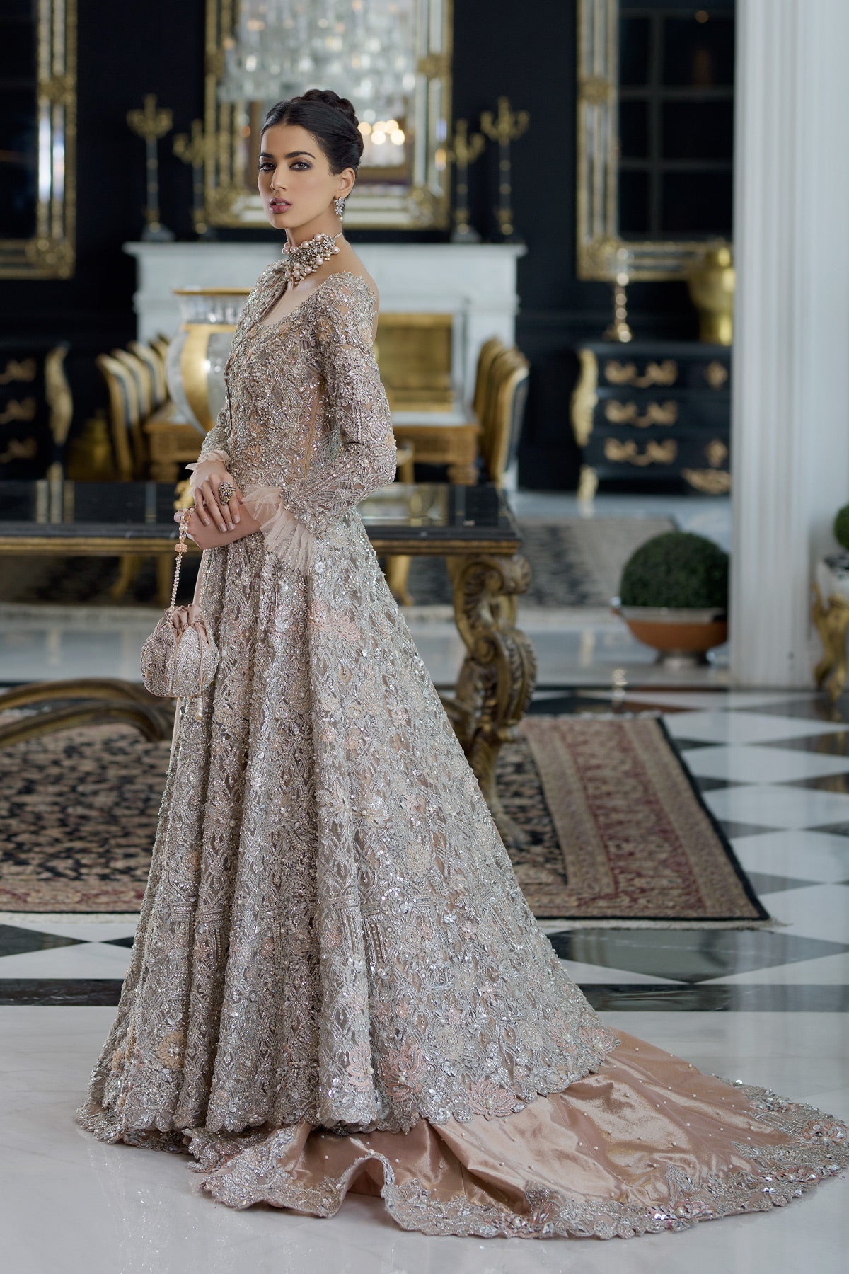 Pakistani Peach Swarovski Embellished Net & Tissue Bridal Gown (2-Piece) - Image 3