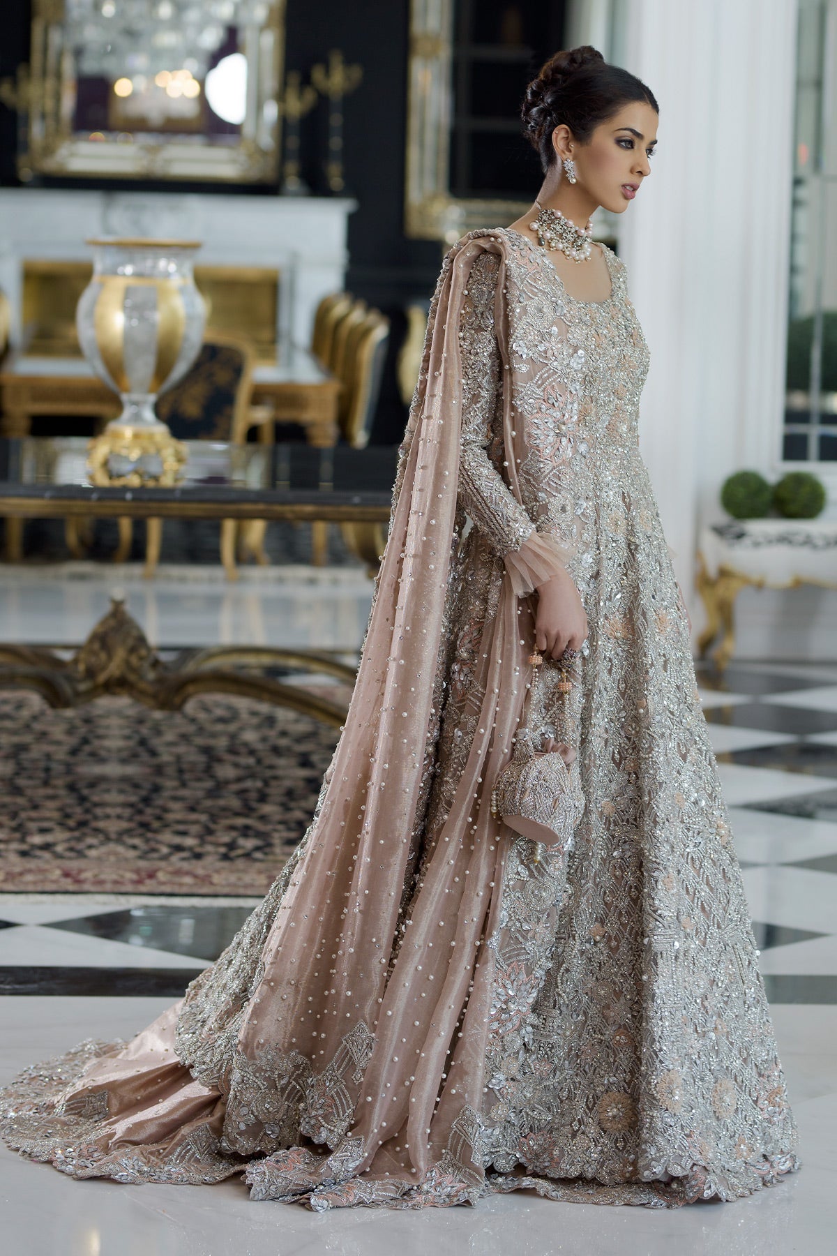 Pakistani Peach Swarovski Embellished Net & Tissue Bridal Gown (2-Piece) - Image 4
