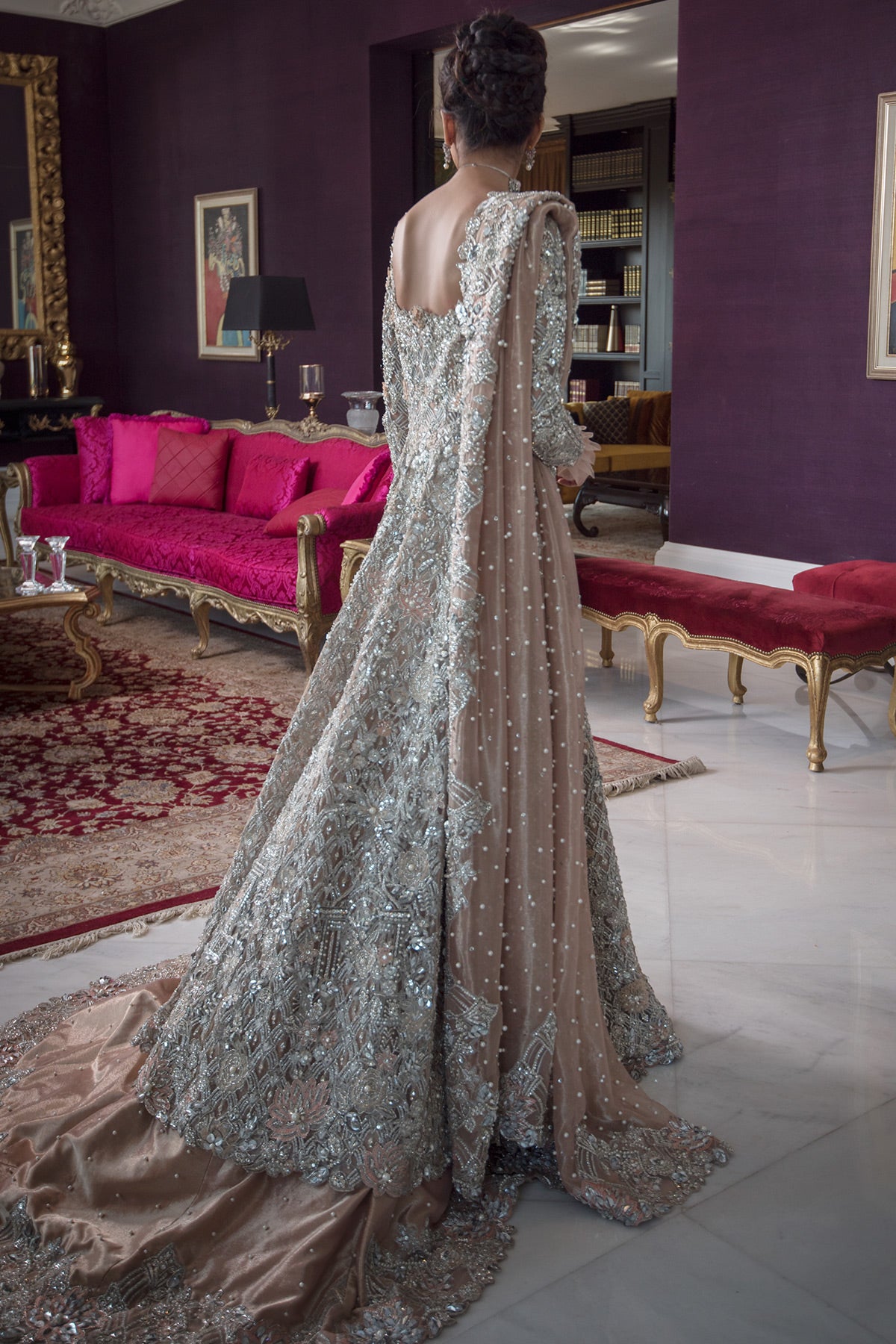 Pakistani Peach Swarovski Embellished Net & Tissue Bridal Gown (2-Piece) - Image 5